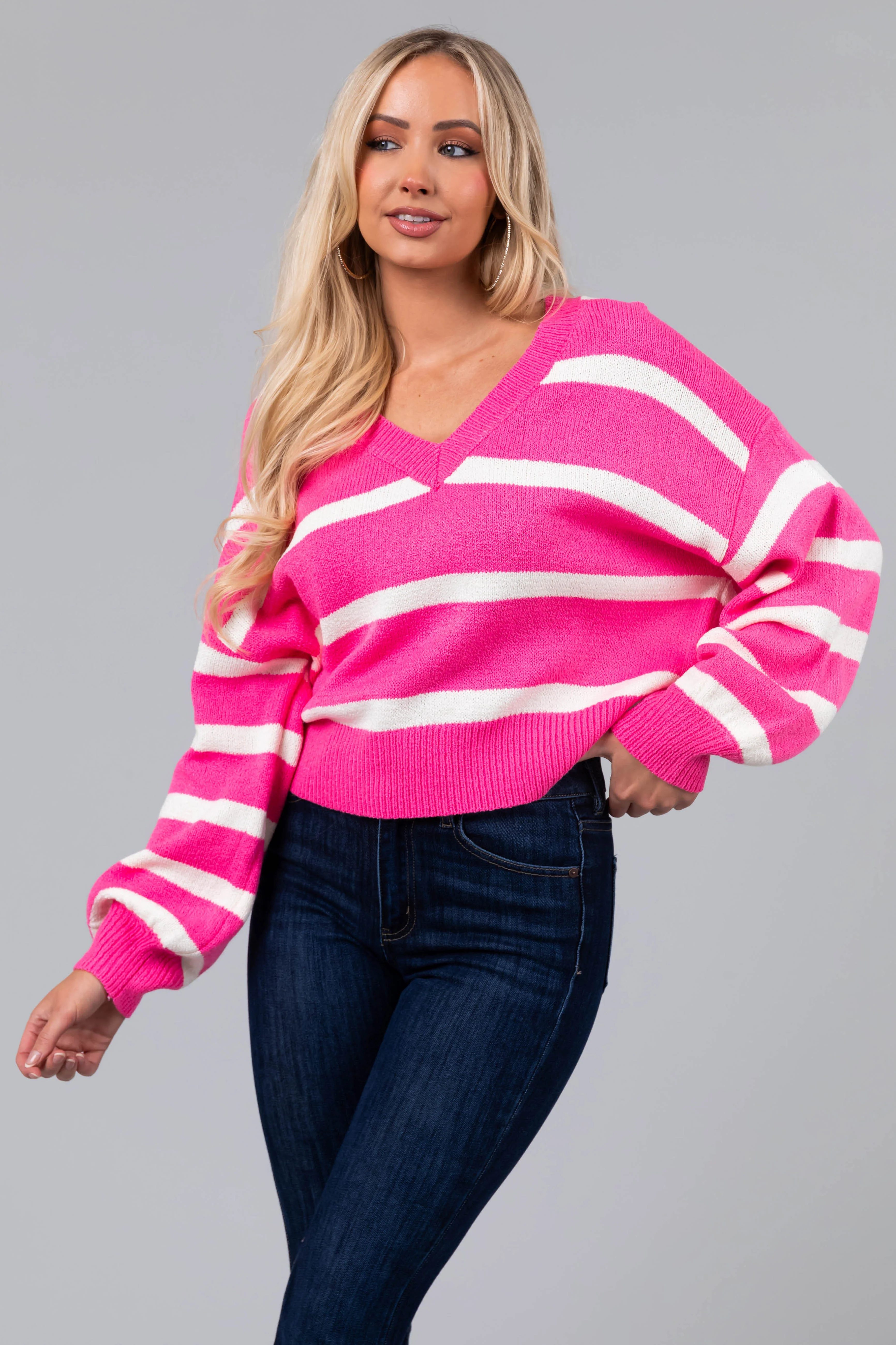 Bubblegum Striped V Neck Bubble Sleeve Sweater - LD SALE