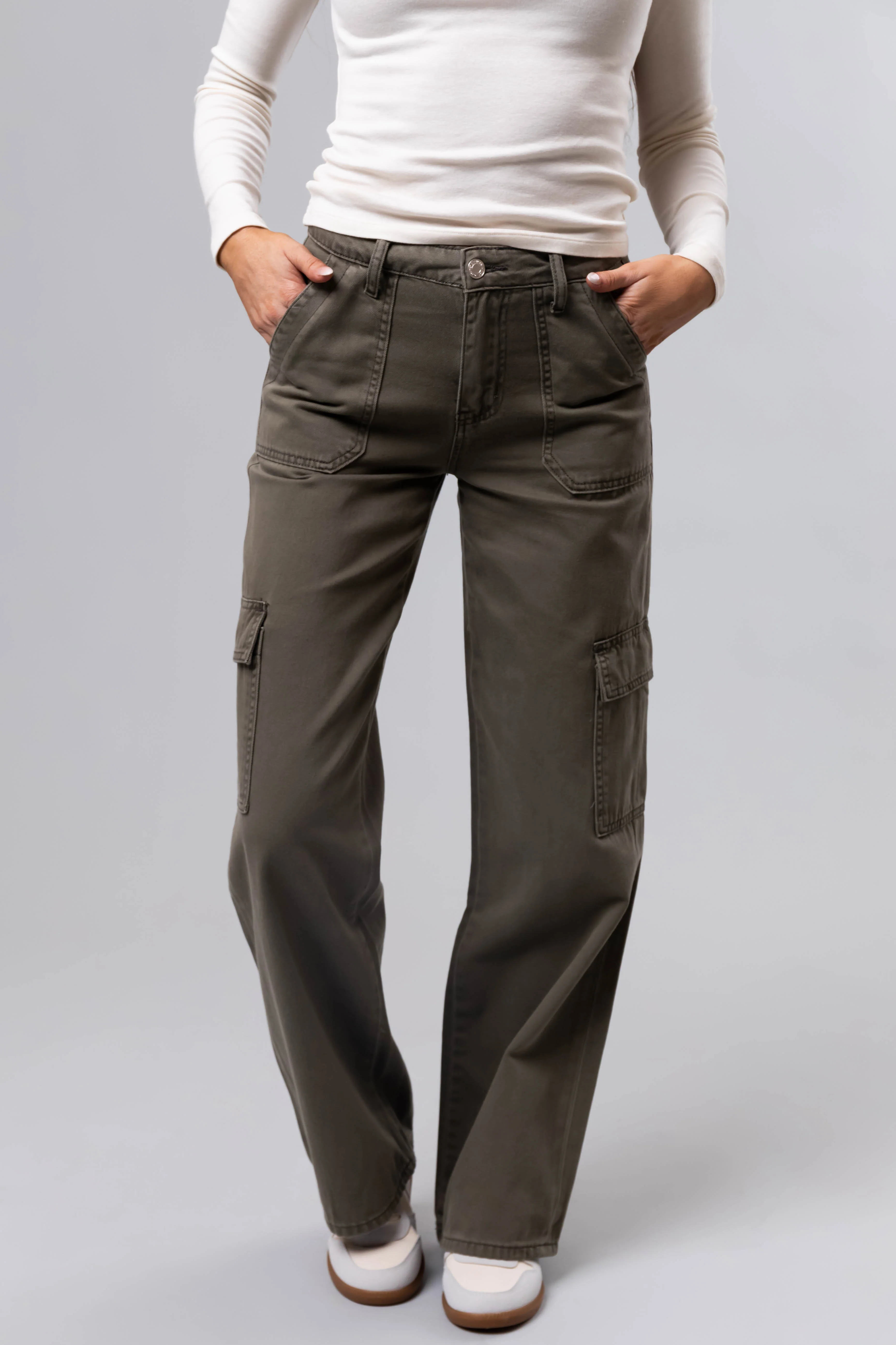 Vervet Olive High Rise Cargo Wide Leg Jeans - LD SALE