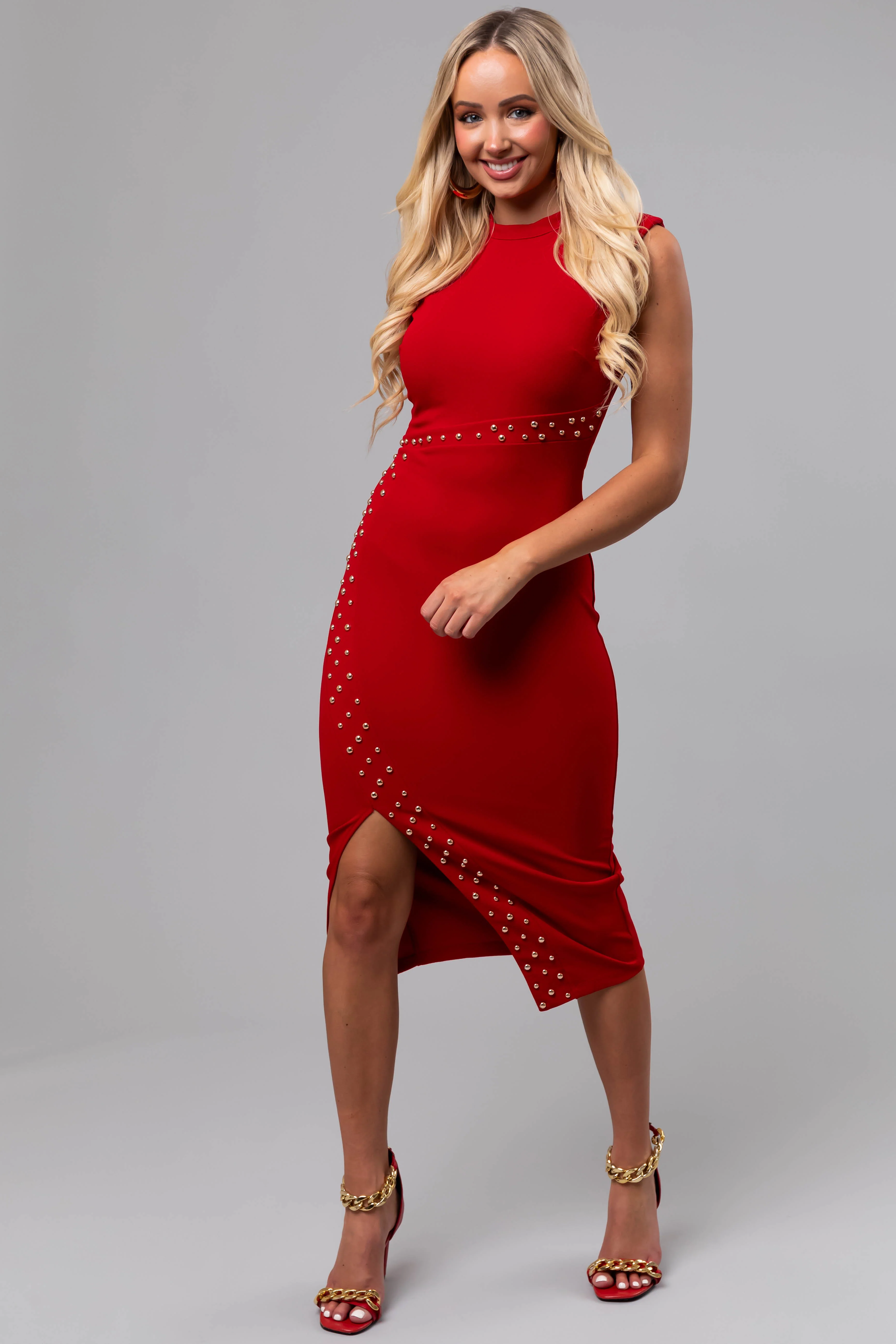 Ruby Sleeveless Gold Stud Side Slit Midi Dress - LD SALE