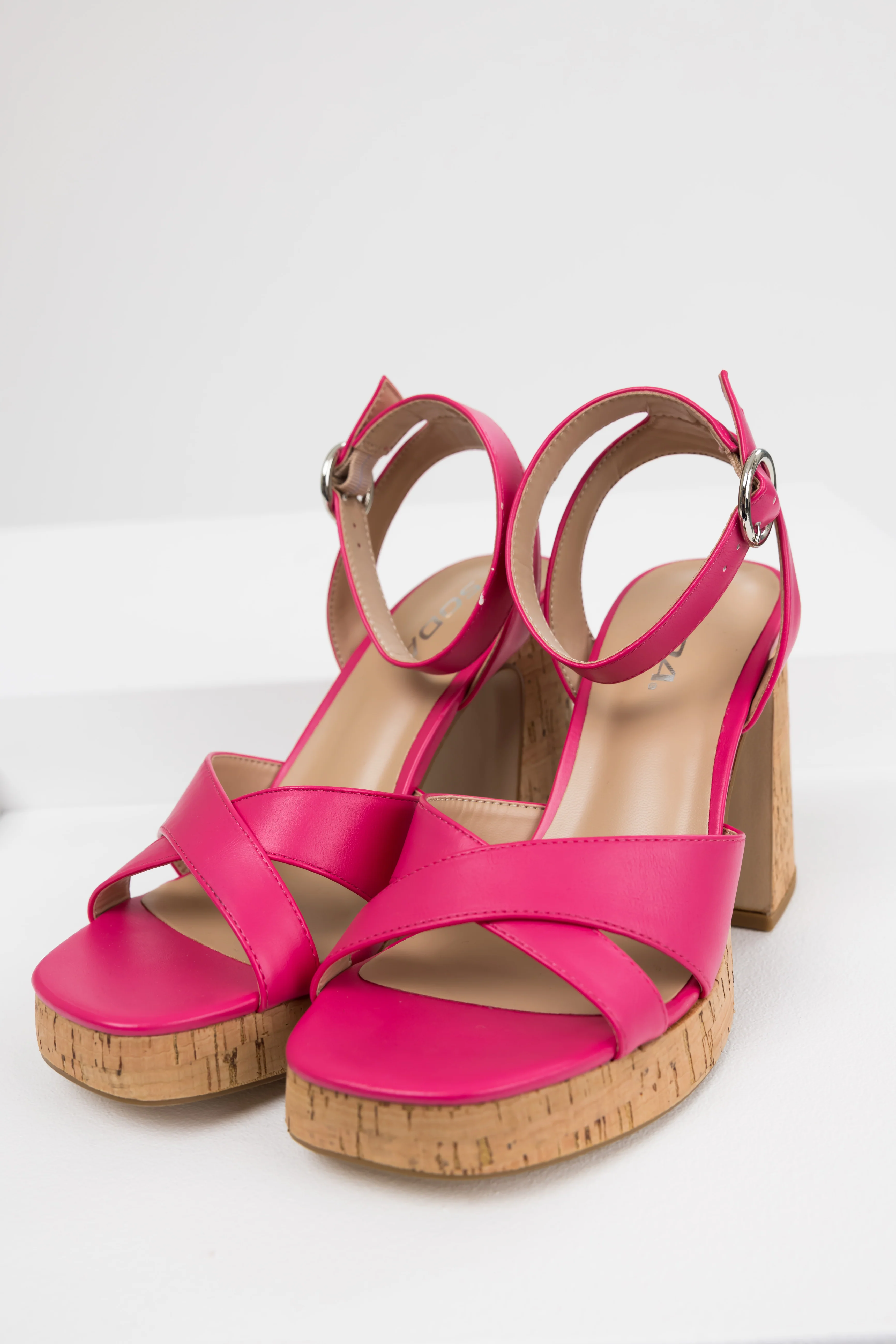 Hot Pink Ankle Strap Cork Platform Heels - LD SALE