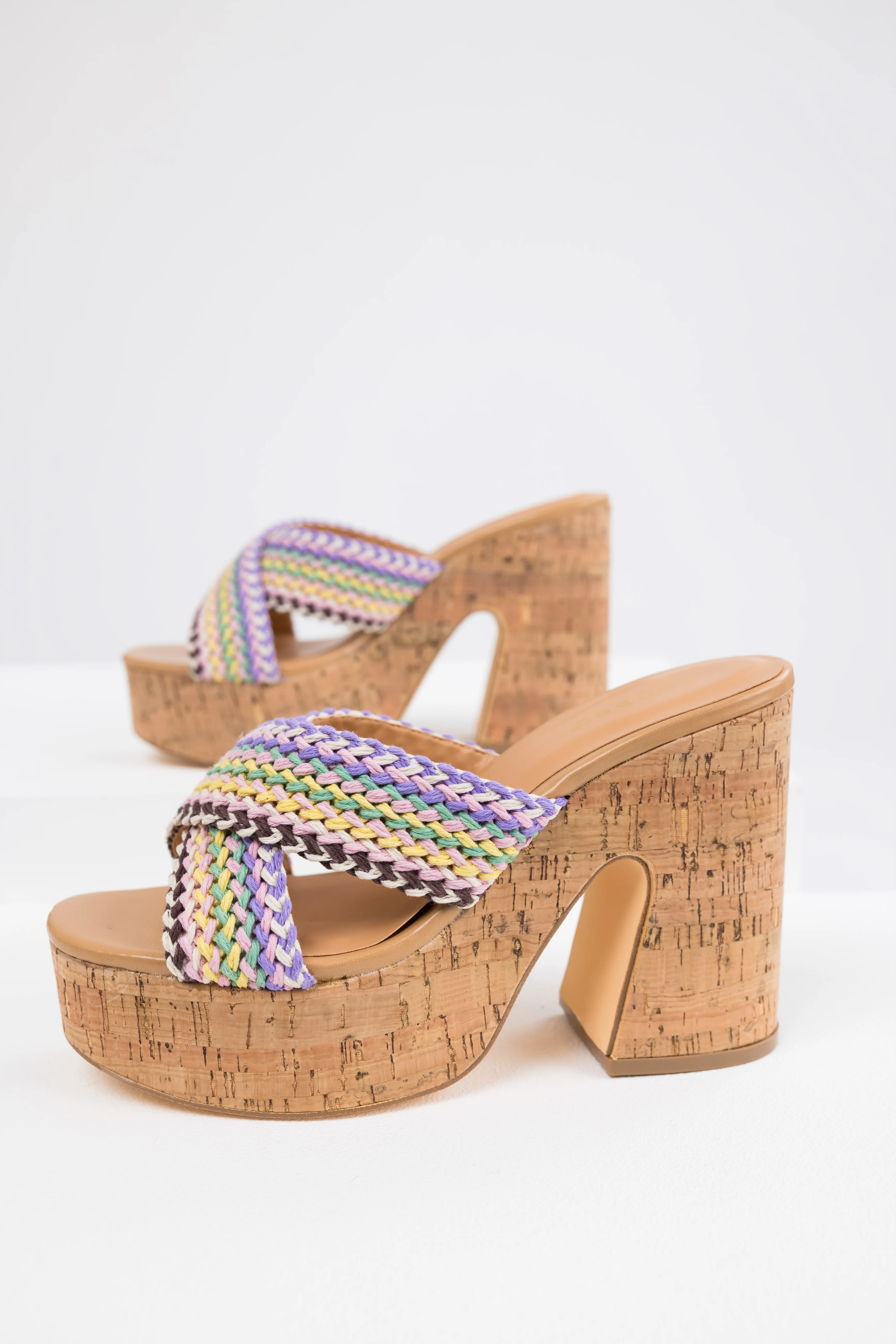 Colorful Braided Strap Cork Platform Heels - LD SALE