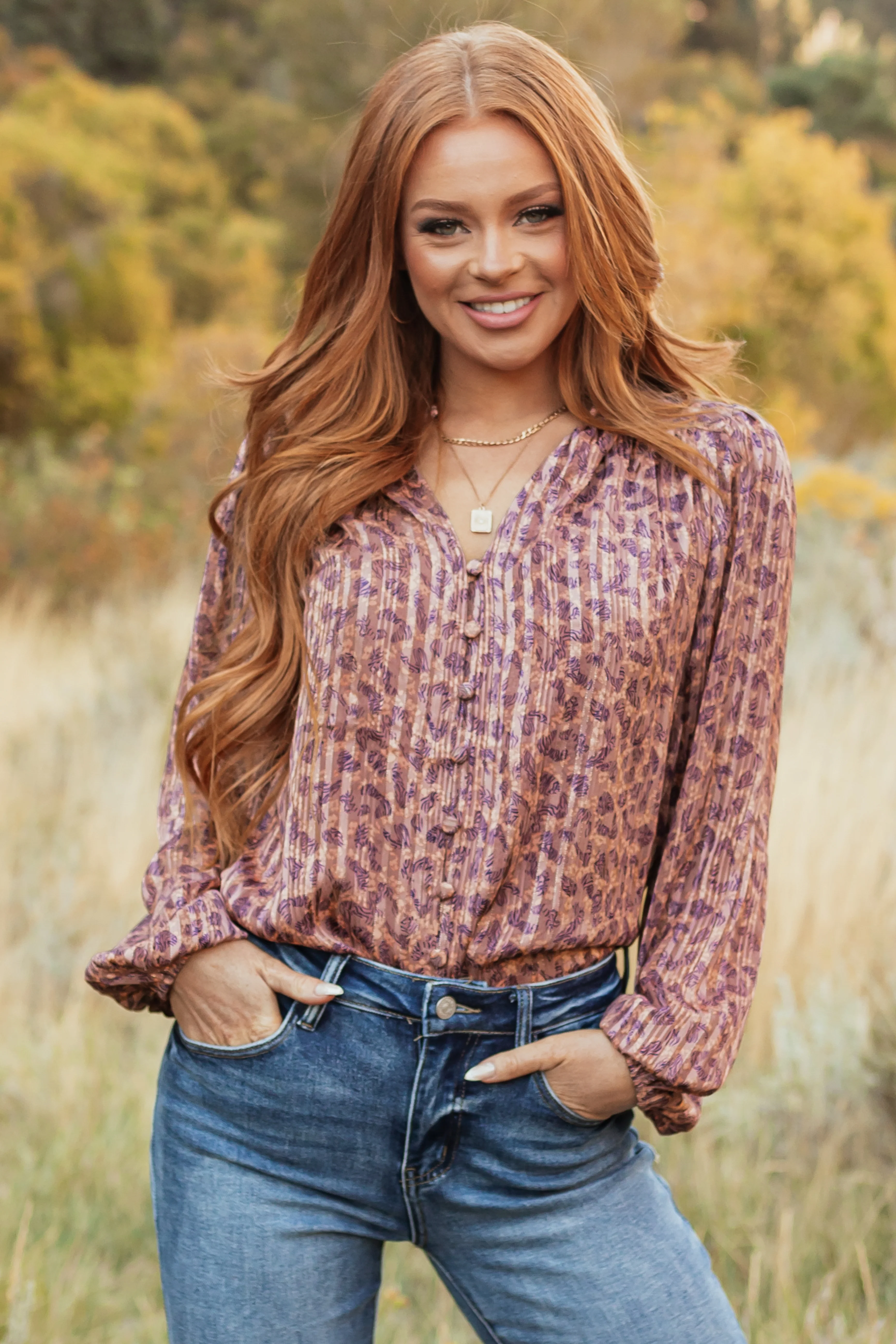 Mauve Abstract Leopard Print Pleated Long Sleeve Top - LD SALE