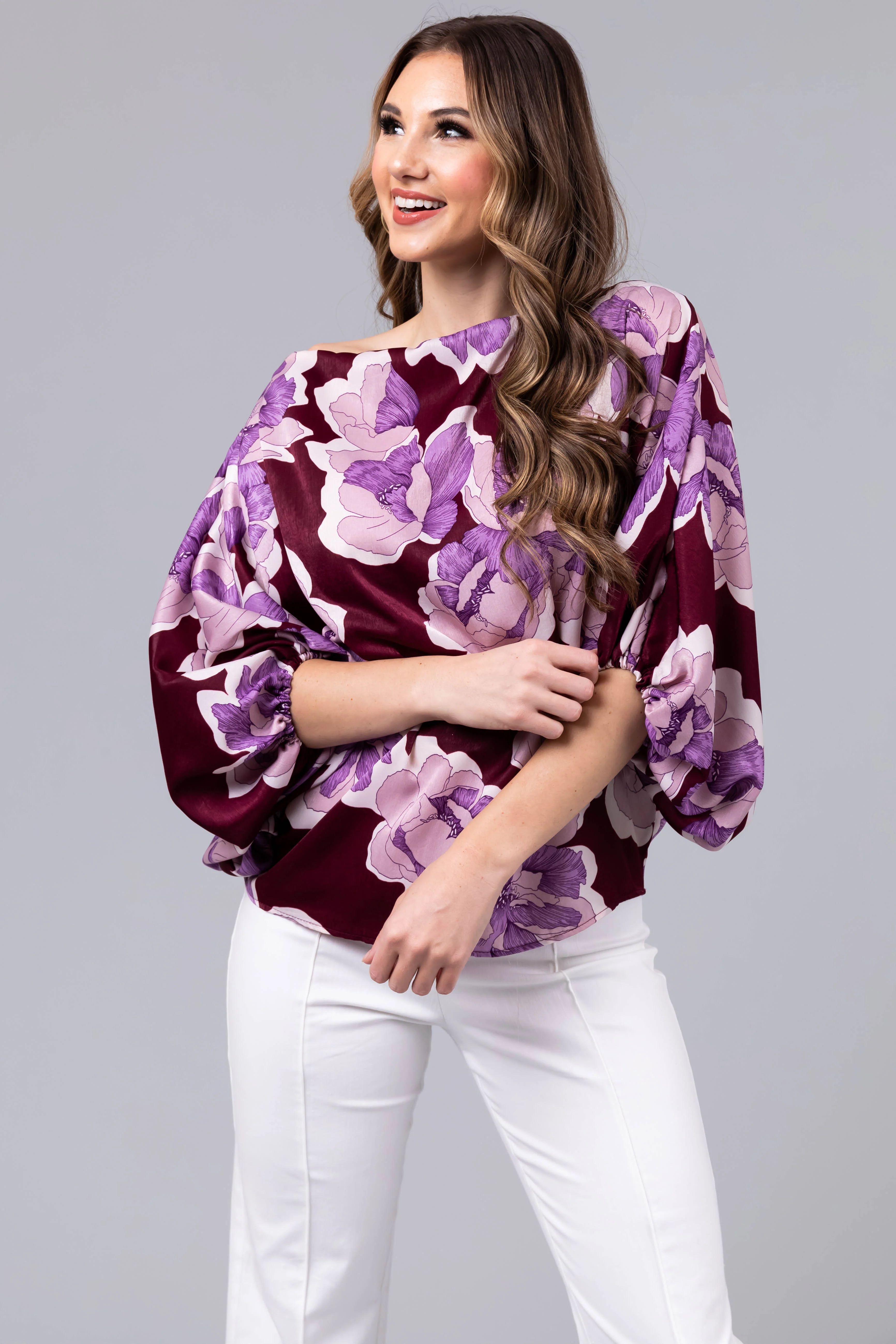Wine Floral Print Satin Dolman Sleeve Blouse - LD SALE