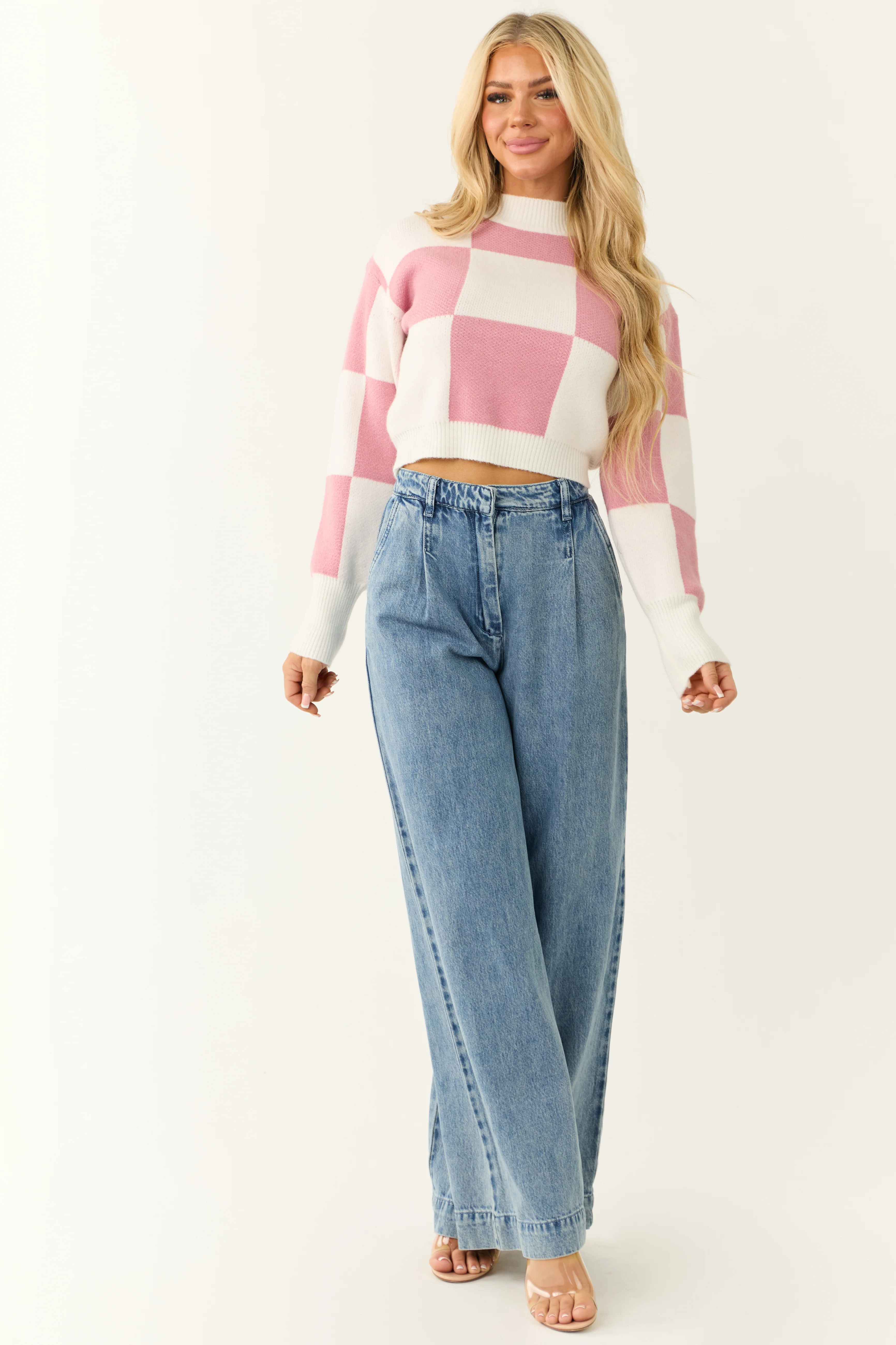 Bubblegum and Ivory Checkered Crop Sweater - LD SALE
