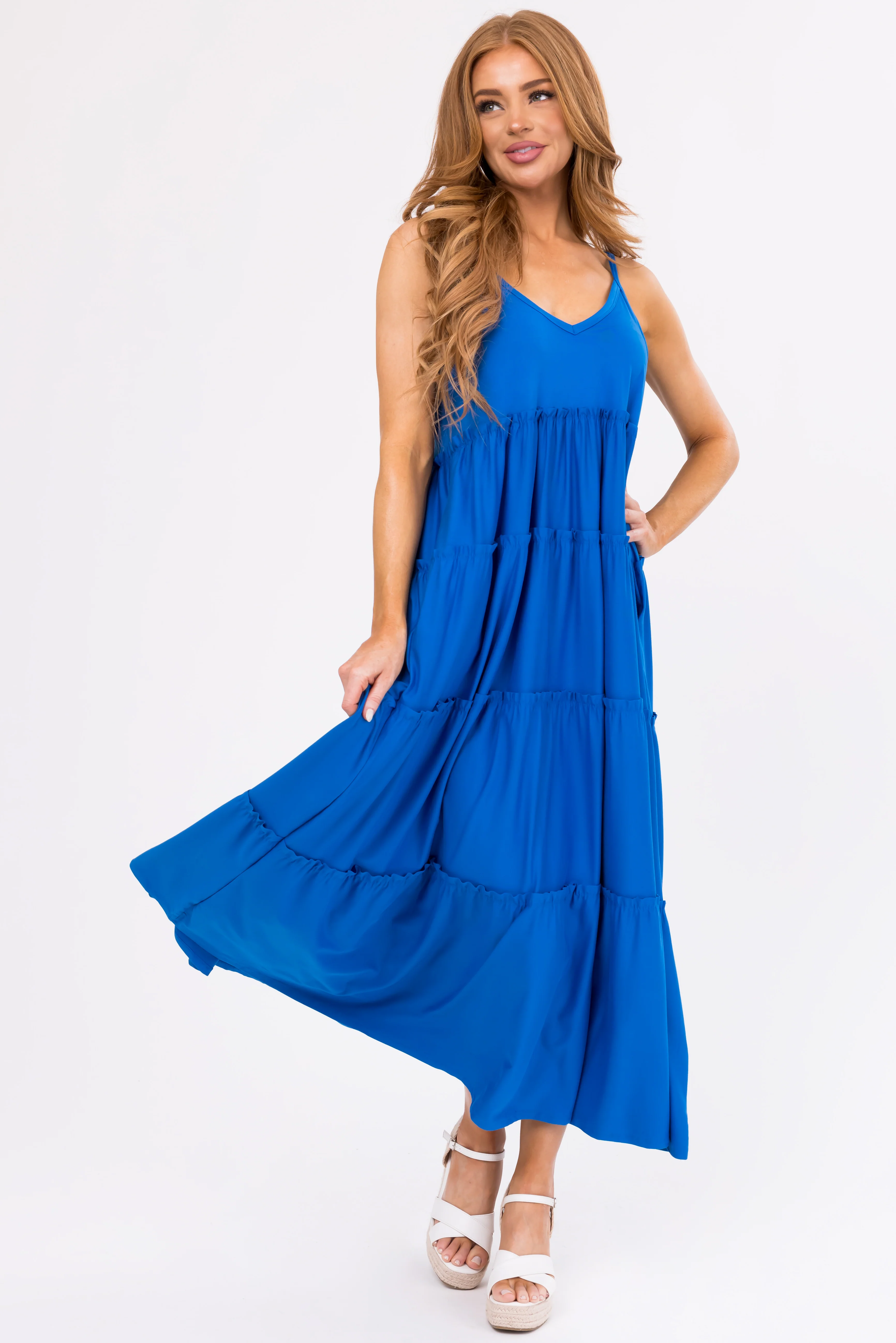 Royal Blue V Neck Babydoll Tiered Maxi Dress - LD SALE