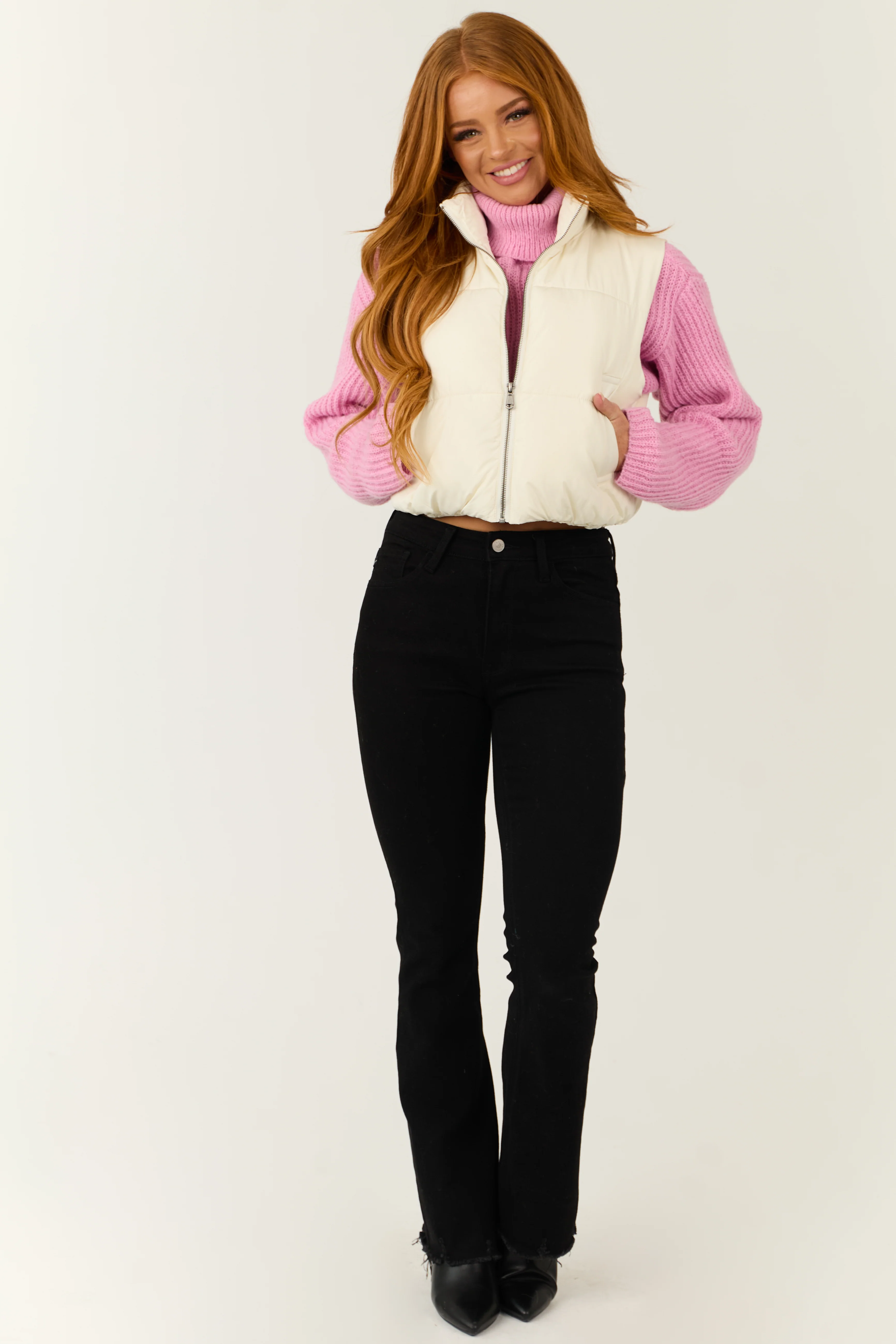 Cream Cropped Zip Up Padded Puffer Vest with Tie - LD SALE