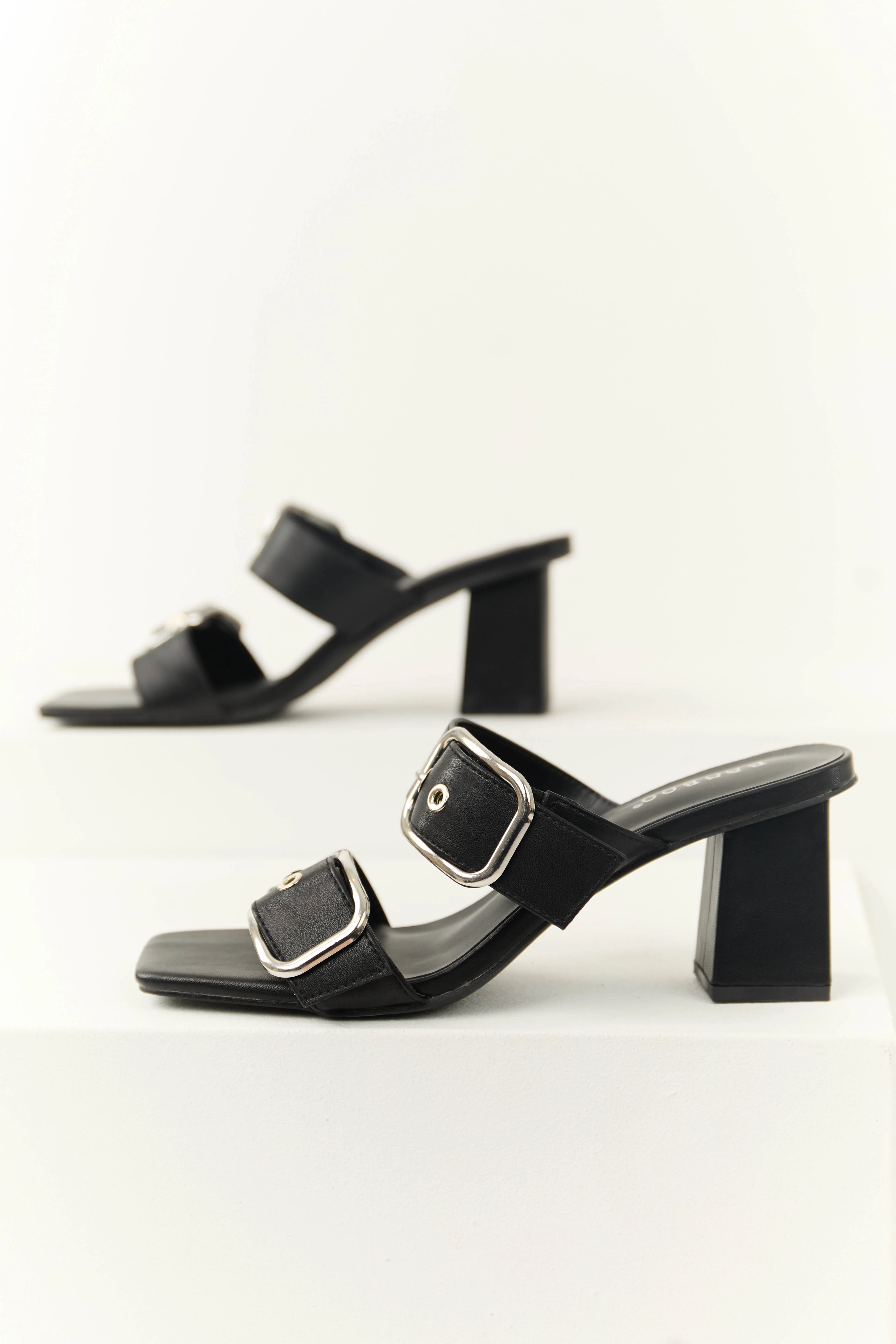 Black Open Toed Double Buckle Strap Heels - LD SALE