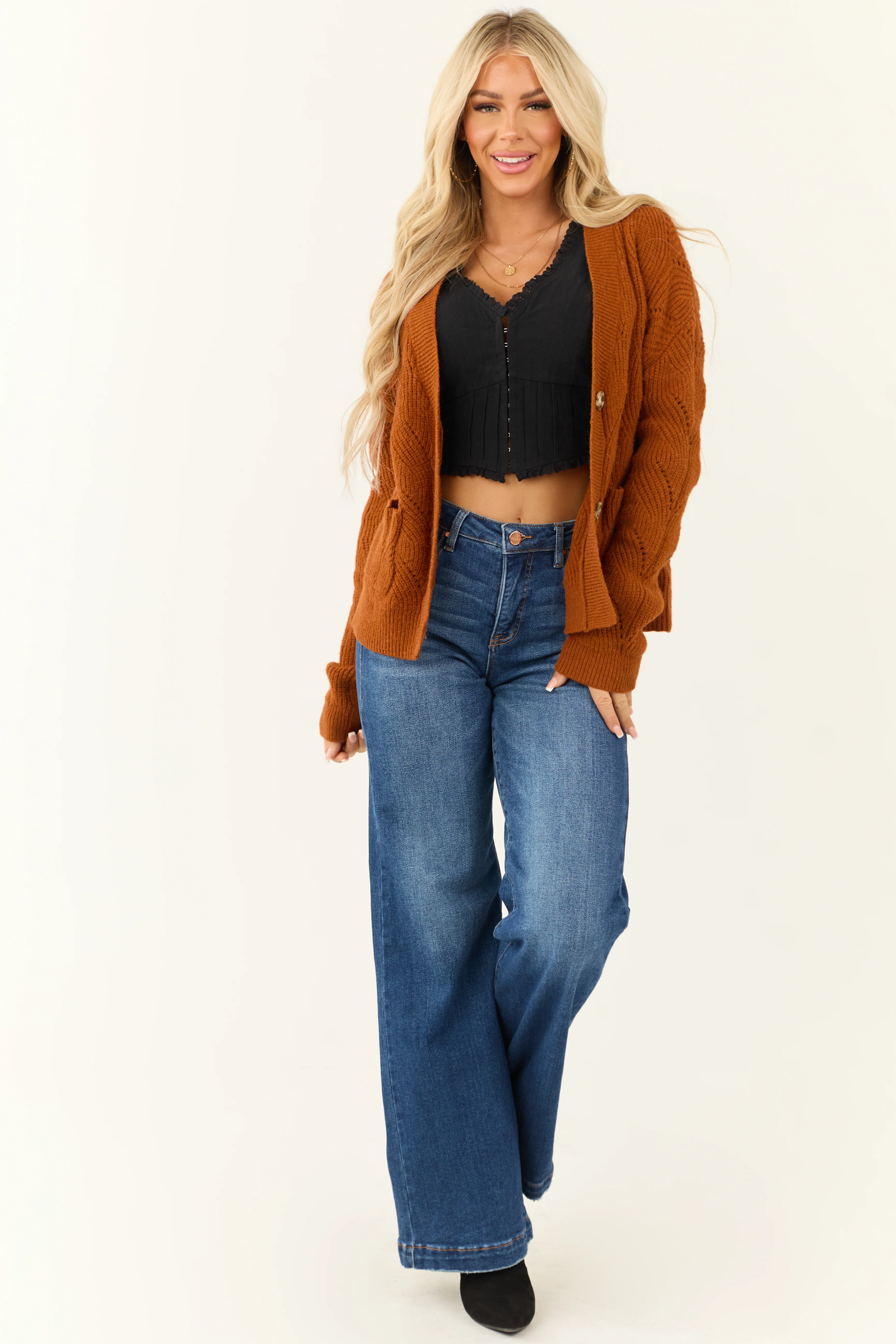 Rust Pointelle Button Down Long Sleeve Cardigan - LD SALE