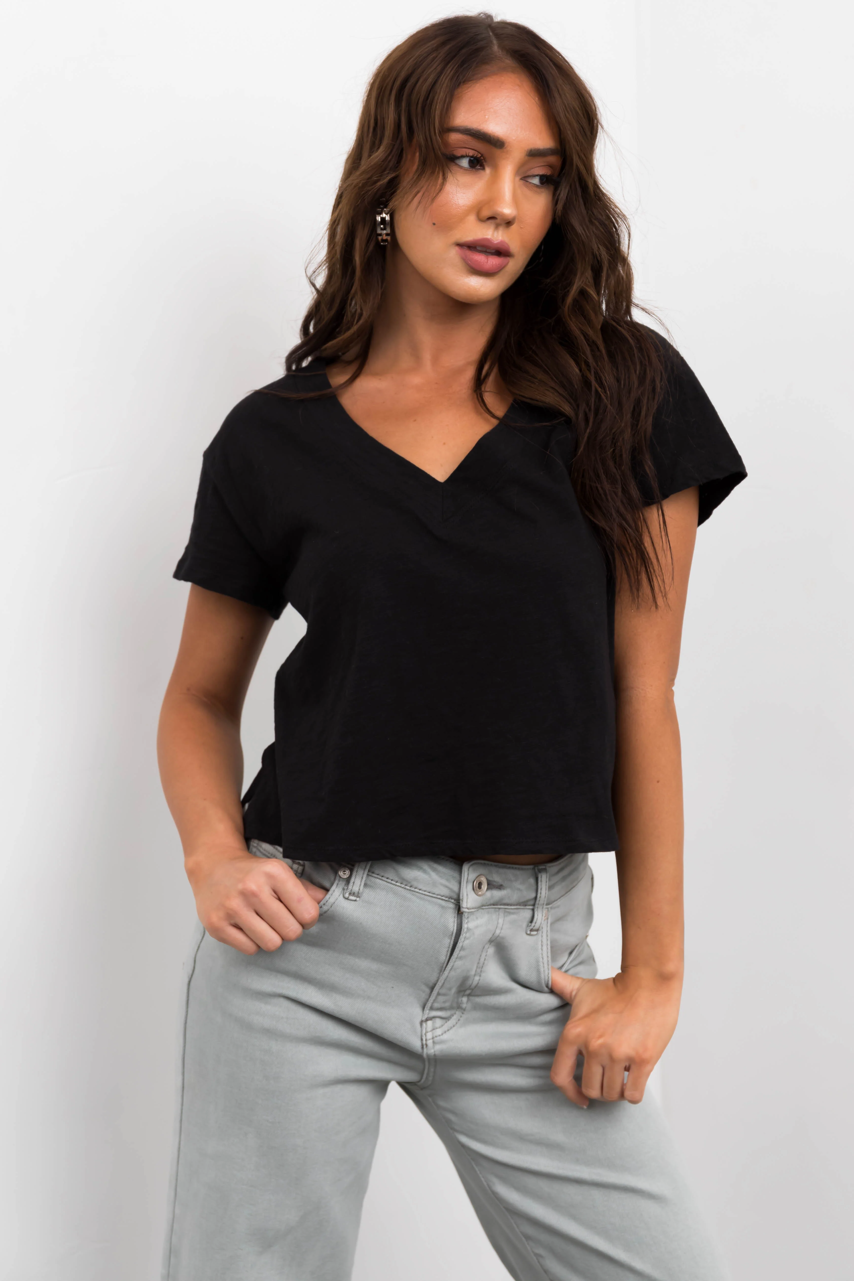 Black V Neck Short Sleeve Cropped Tee - LD SALE