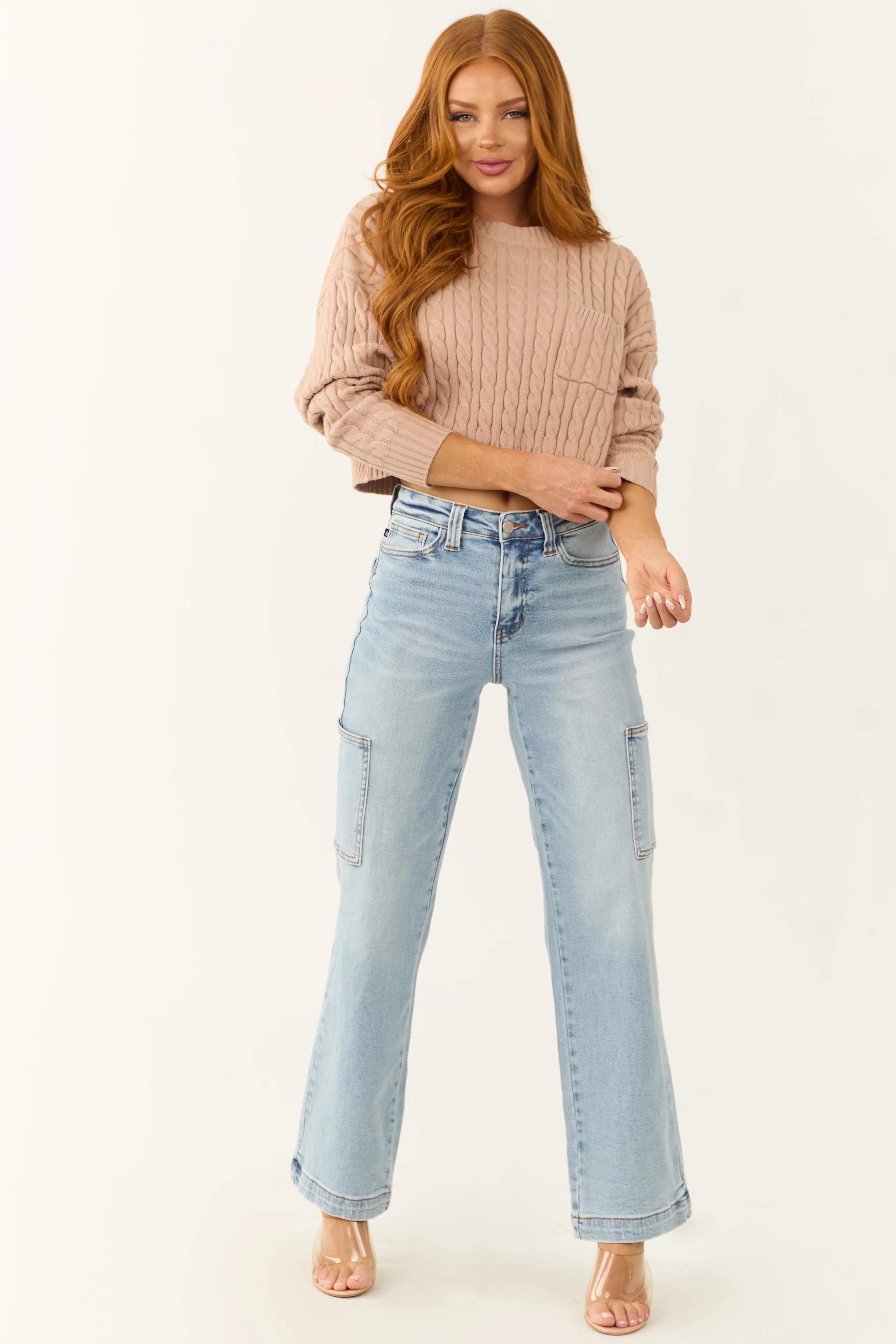 Latte Cropped Soft Cable Knit Sweater - LD SALE