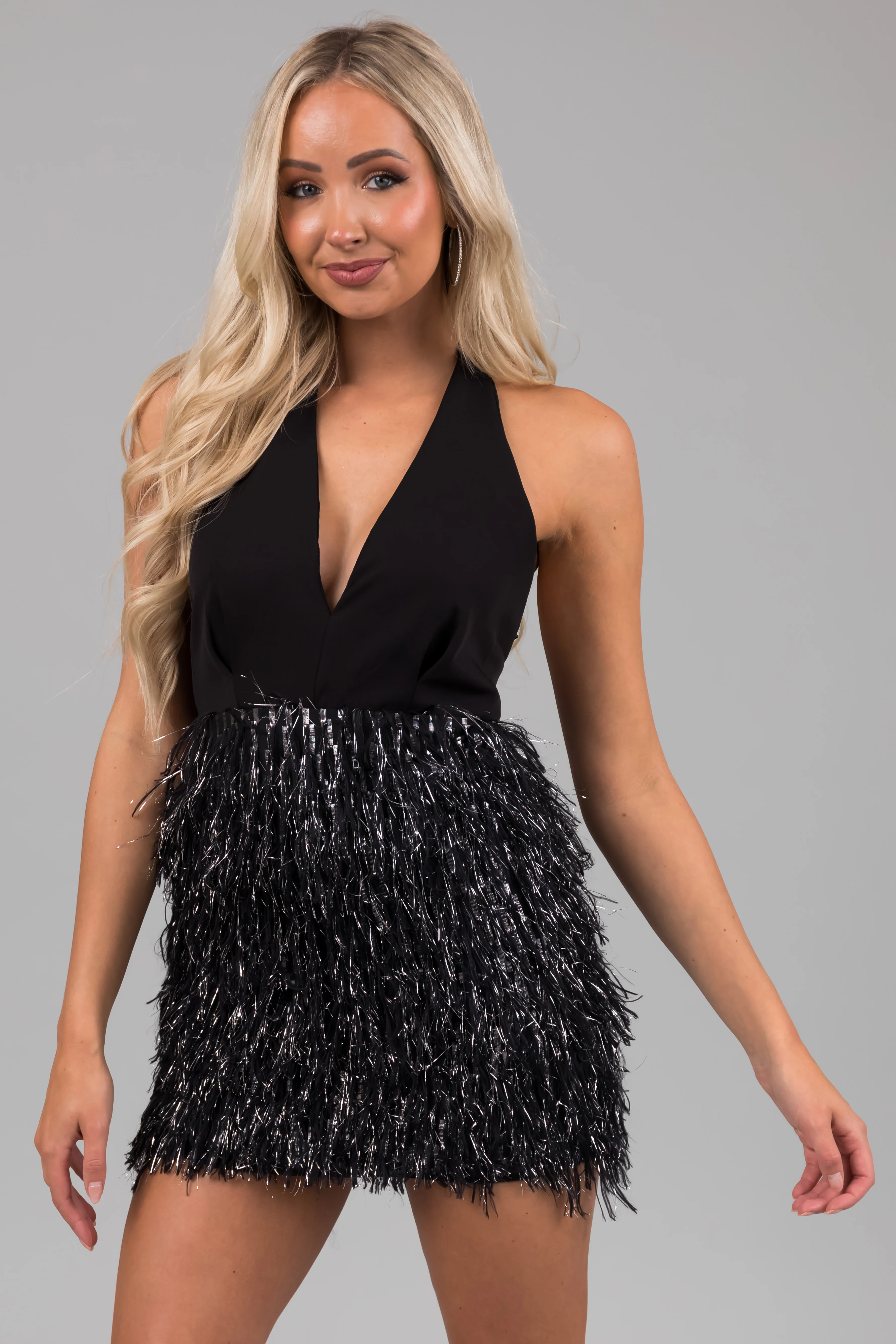 Black and Silver Faux Fur Halter Short Dress - LD SALE