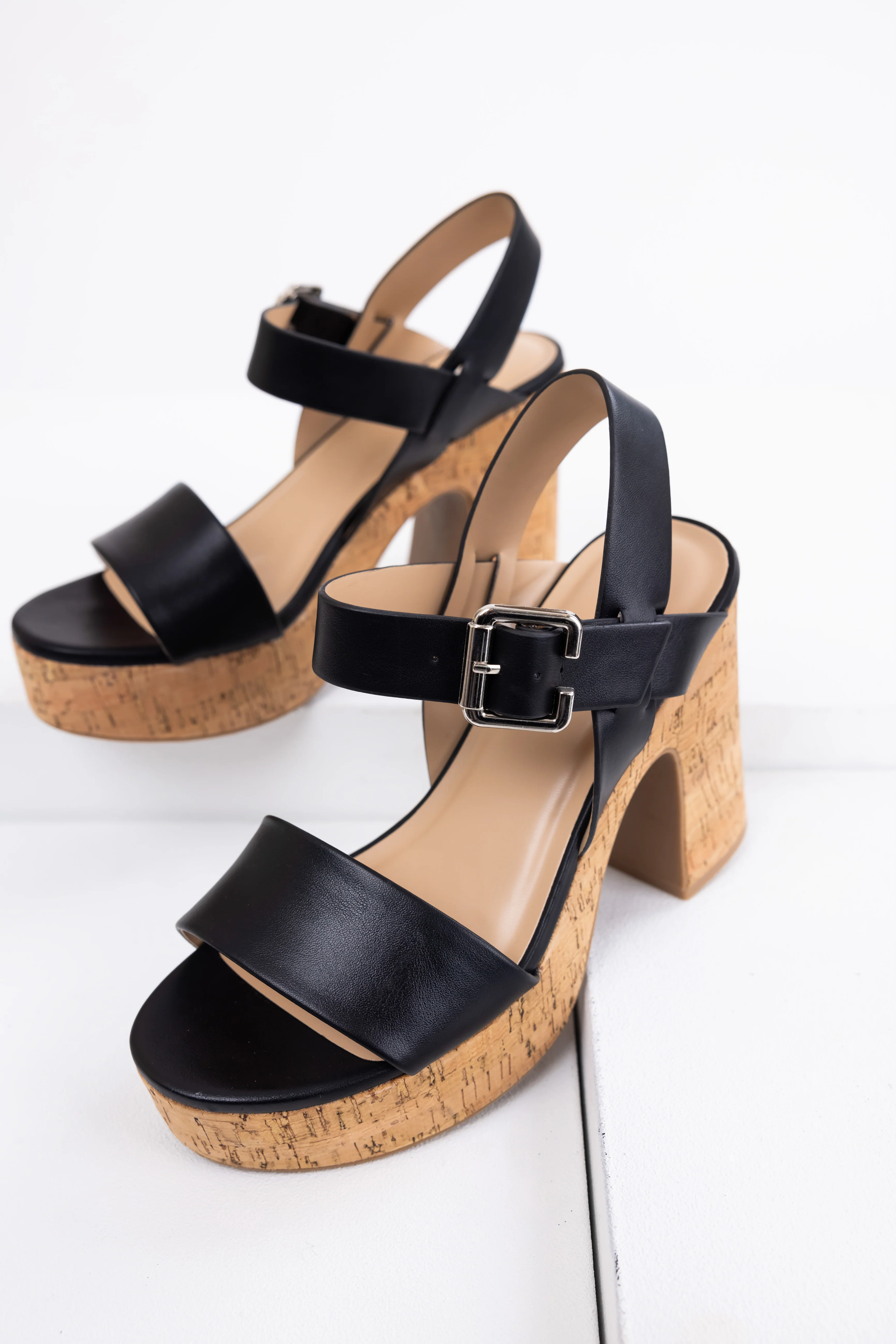 Black Faux Leather Strapped Chunky Heels - LD SALE