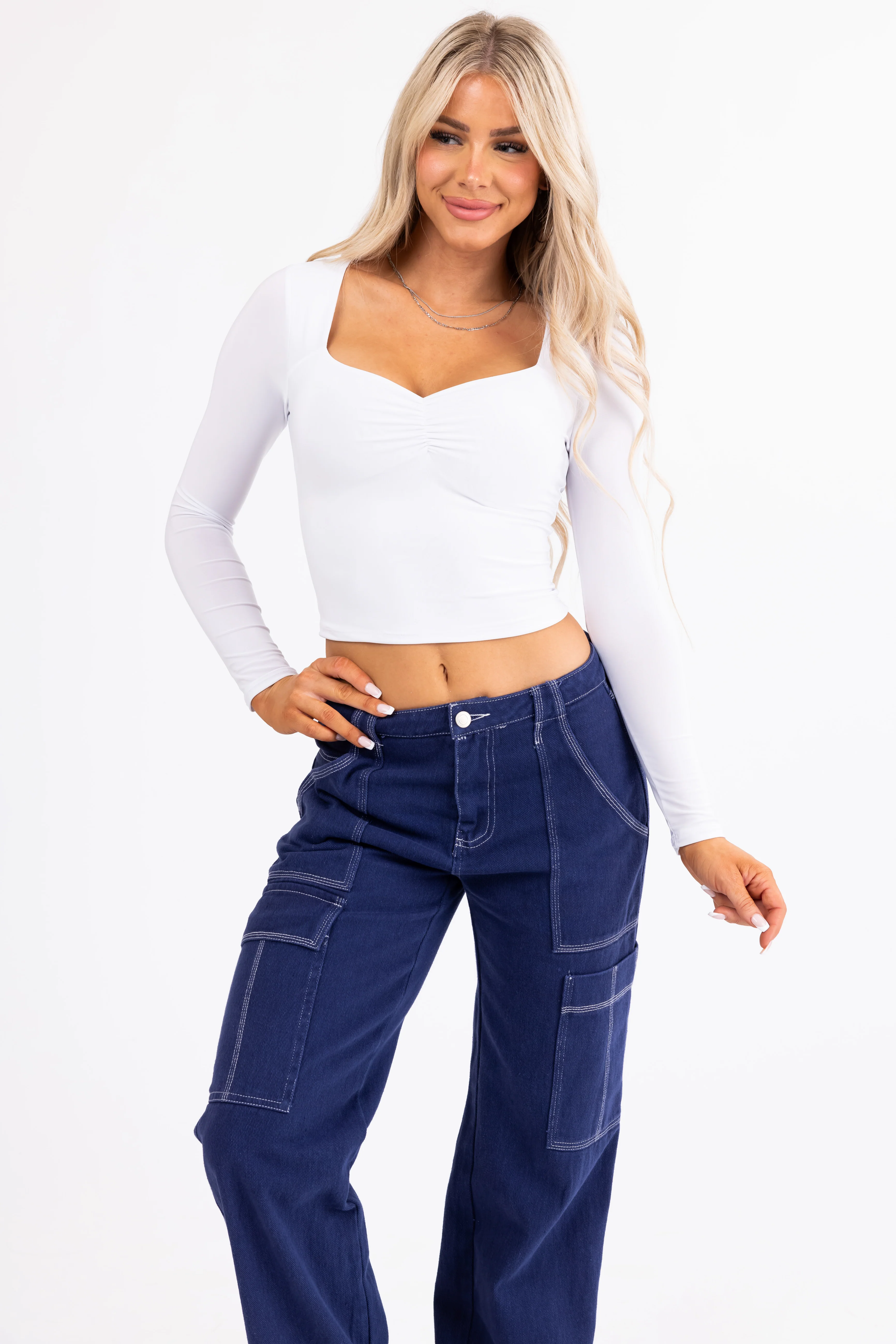 White Sweetheart Neck Long Sleeve Crop Top - LD SALE
