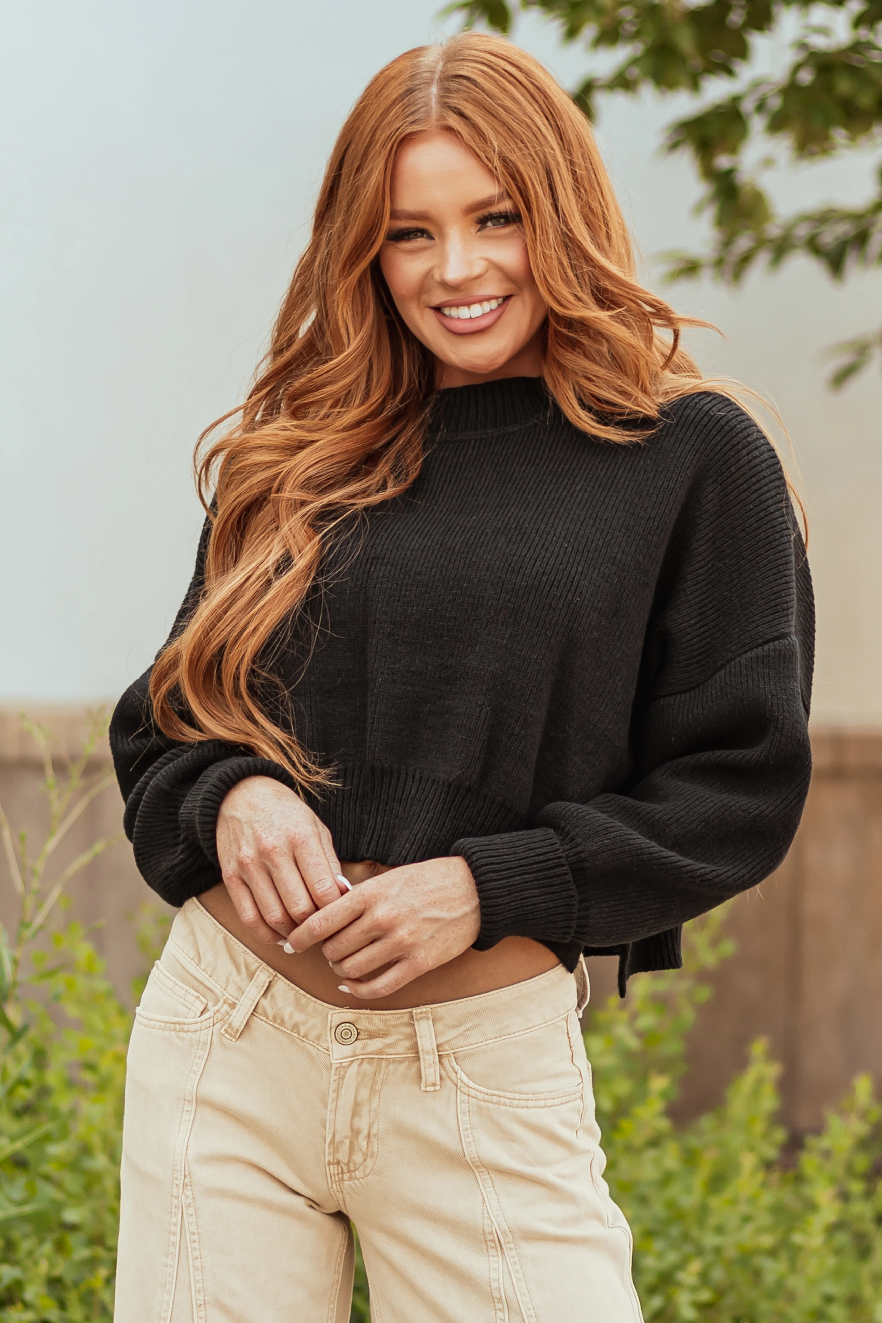 Black Cropped Puff Long Sleeve Knit Sweater - LD SALE