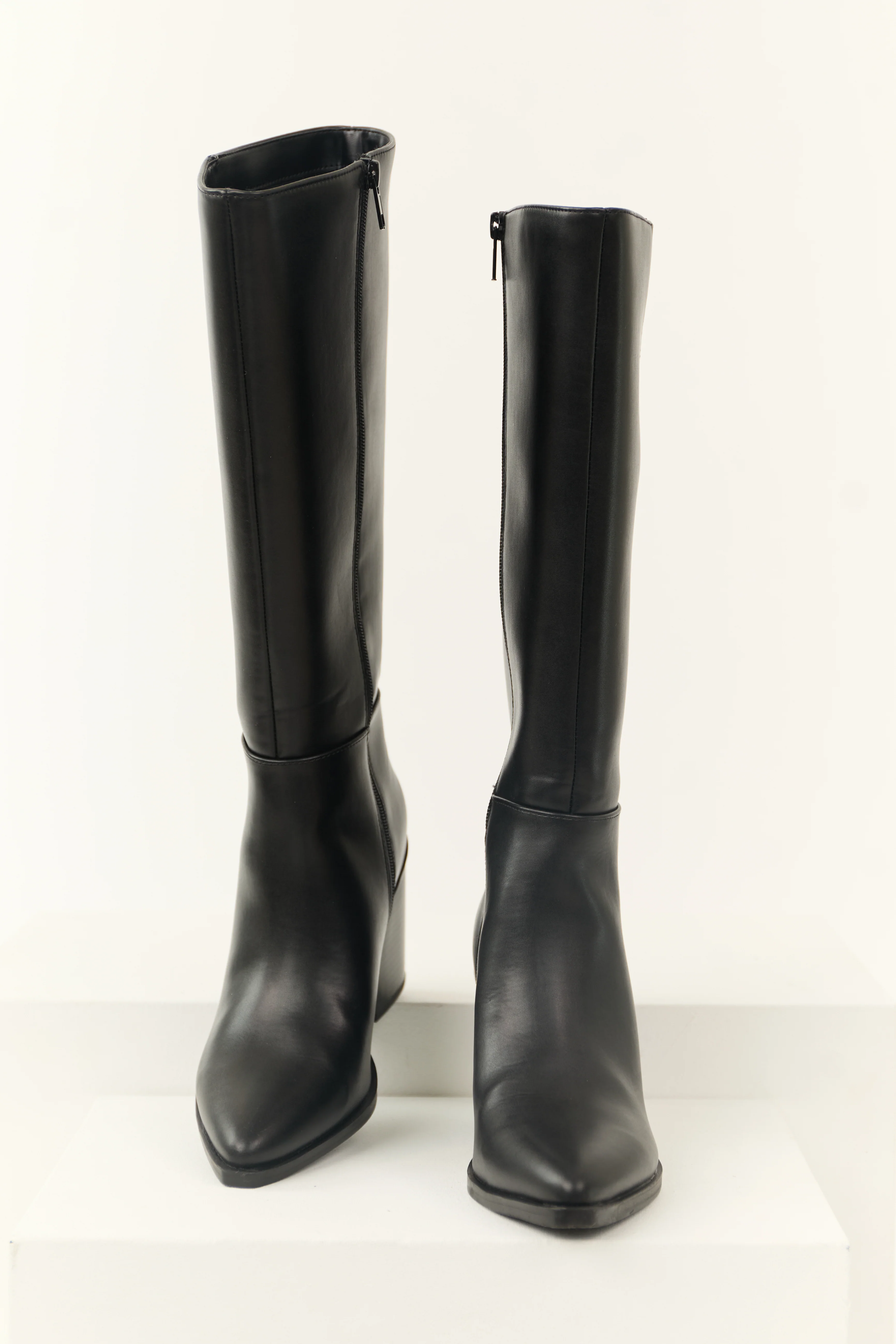 Black Faux Leather Pointed Toe Boots - LD SALE