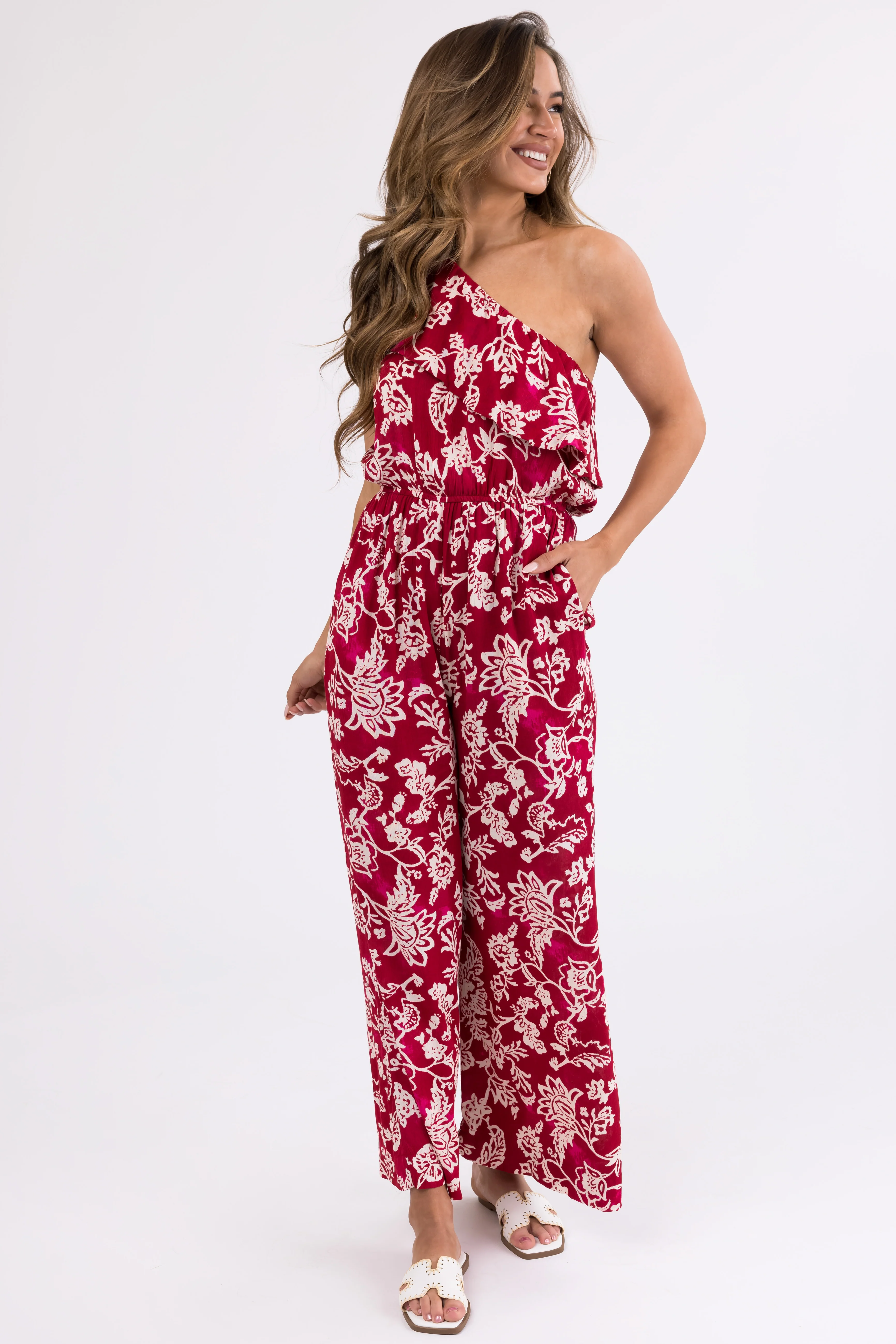 Ruby Floral Print One Shoulder Ruffle Jumpsuit - LD SALE