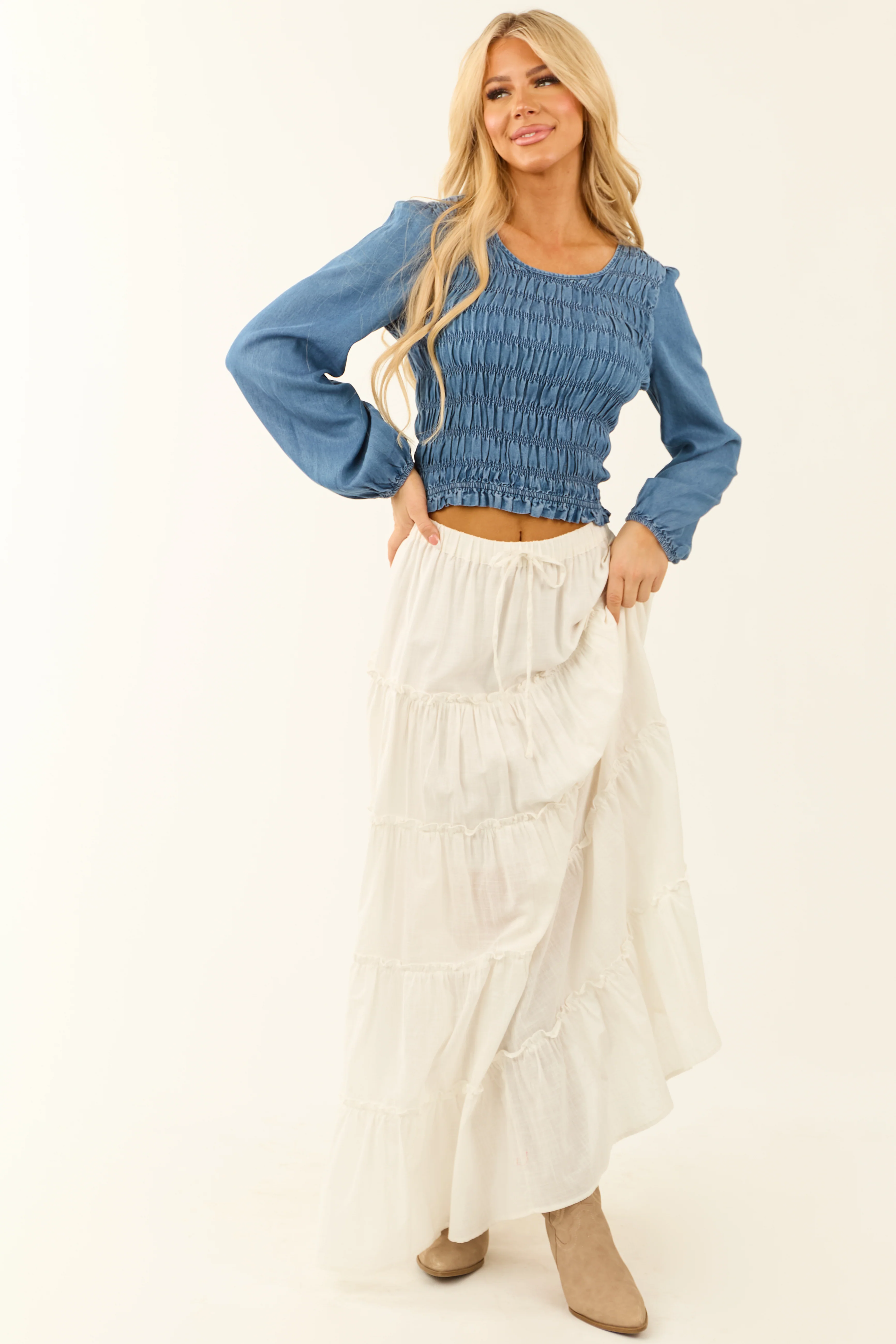 Ivory Tiered Frill Detail Drawstring Maxi Skirt - LD SALE