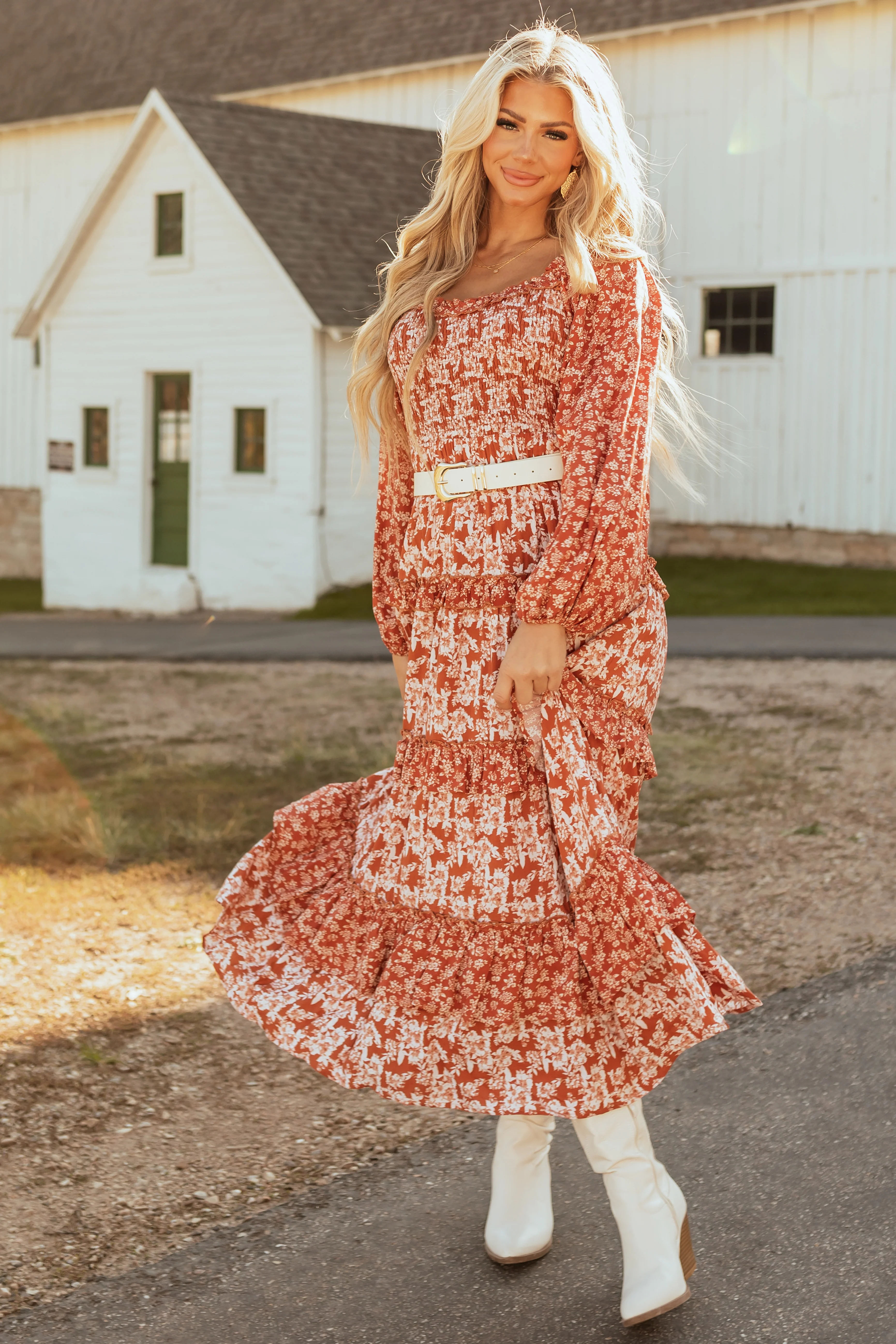 Rust Floral Print Tiered Ruffle Maxi Dress - LD SALE