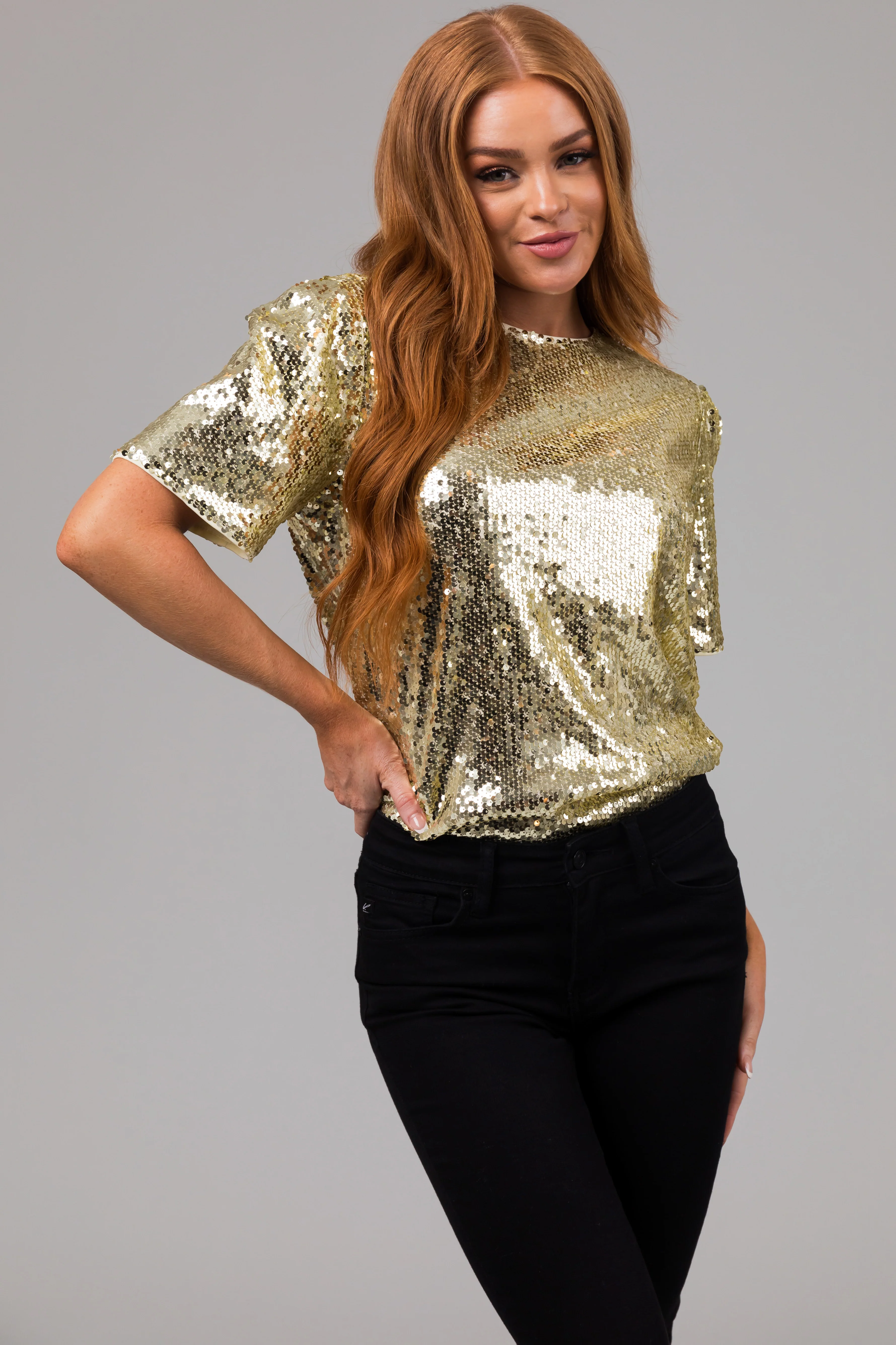 Gold Short Sleeve Sequined Top - LD SALE