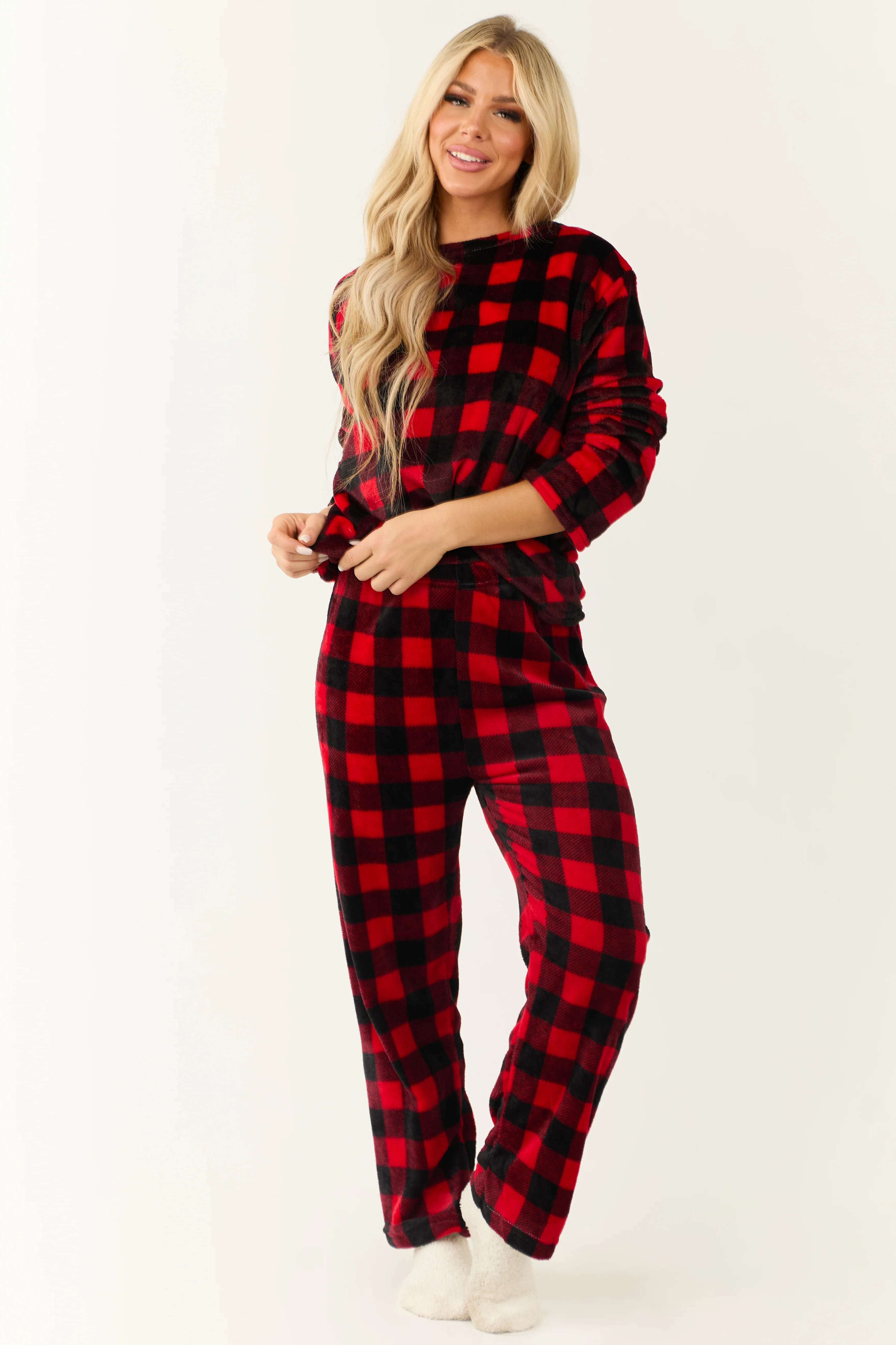 Black and Ruby Checkered Plaid 2 Piece Soft Pajama Set - LD SALE