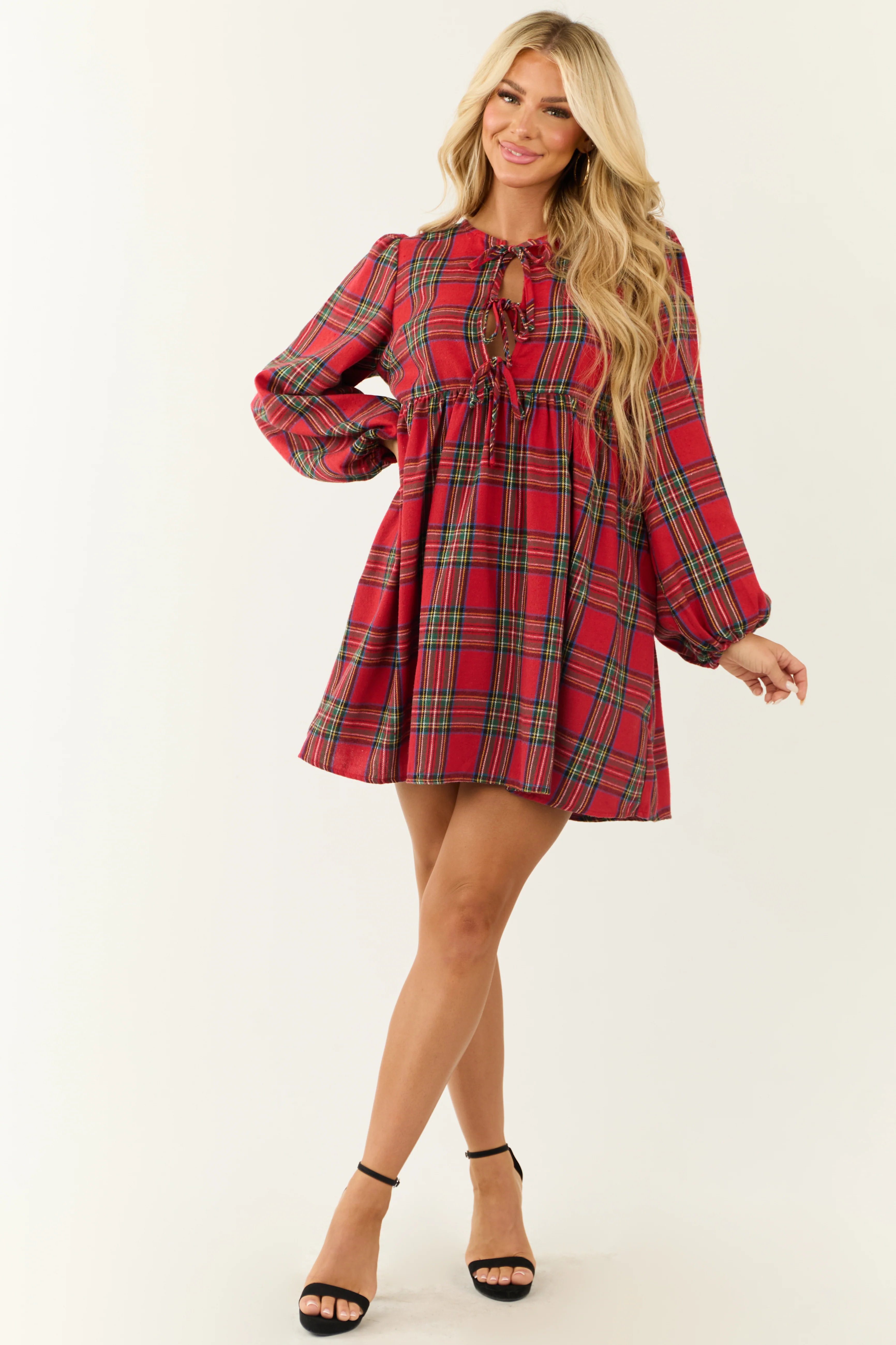 Ruby Plaid Front Tie Long Sleeve Short Dress - LD SALE