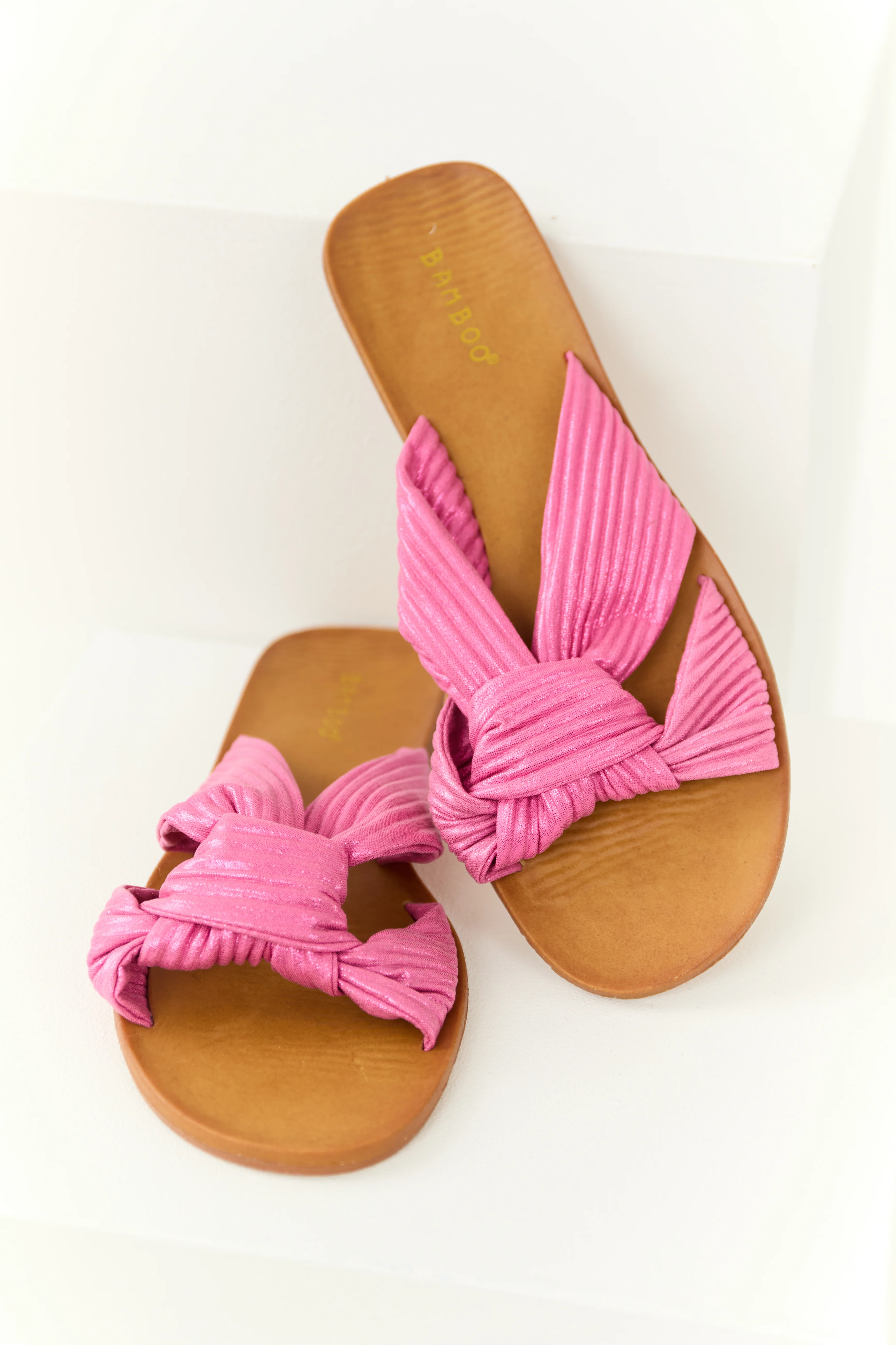 Shiny Bubblegum Fabric Open Toe Slip On Sandals - LD SALE