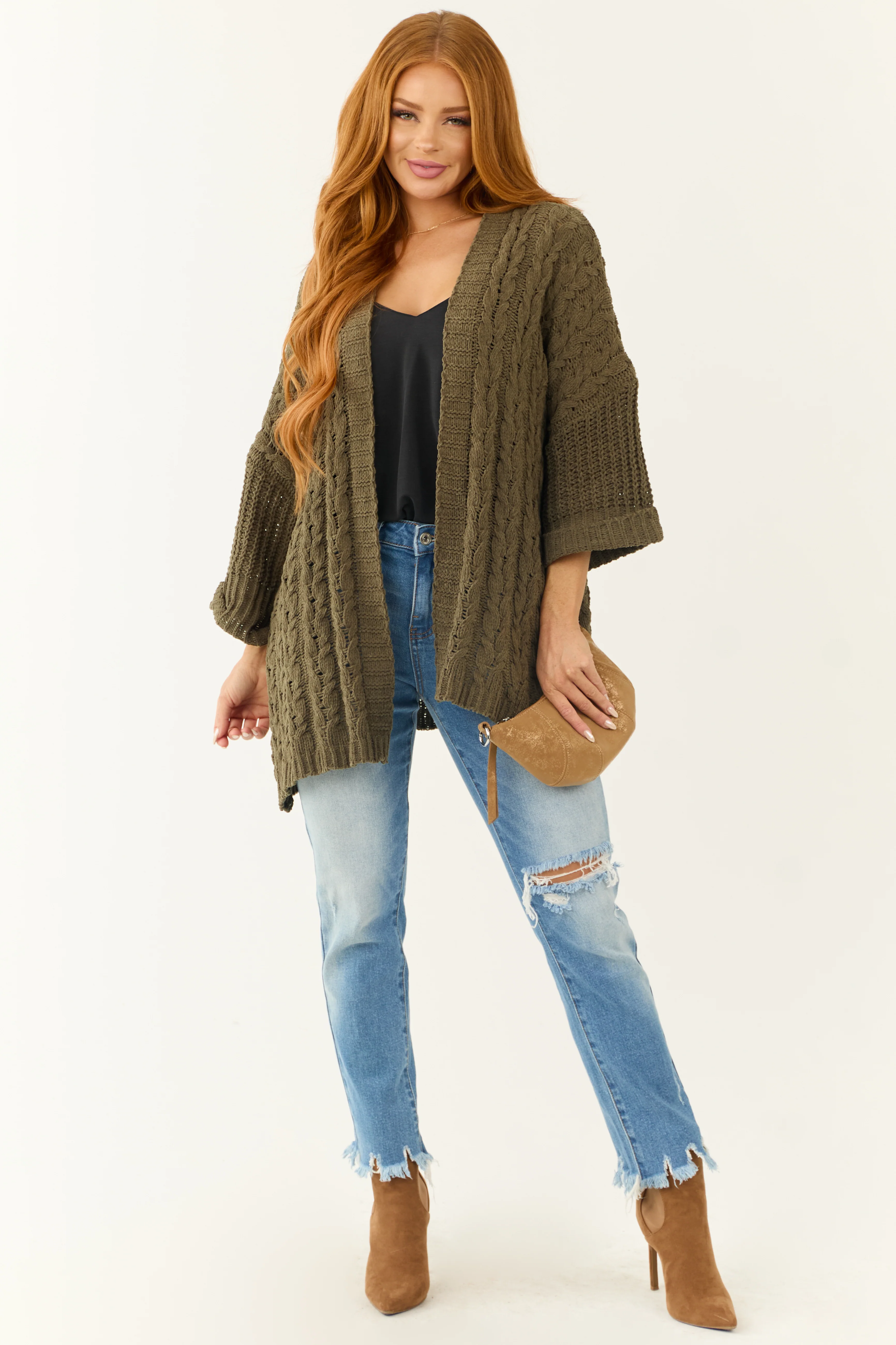 Army Green Cable Knit 3/4 Sleeve Cardigan - LD SALE