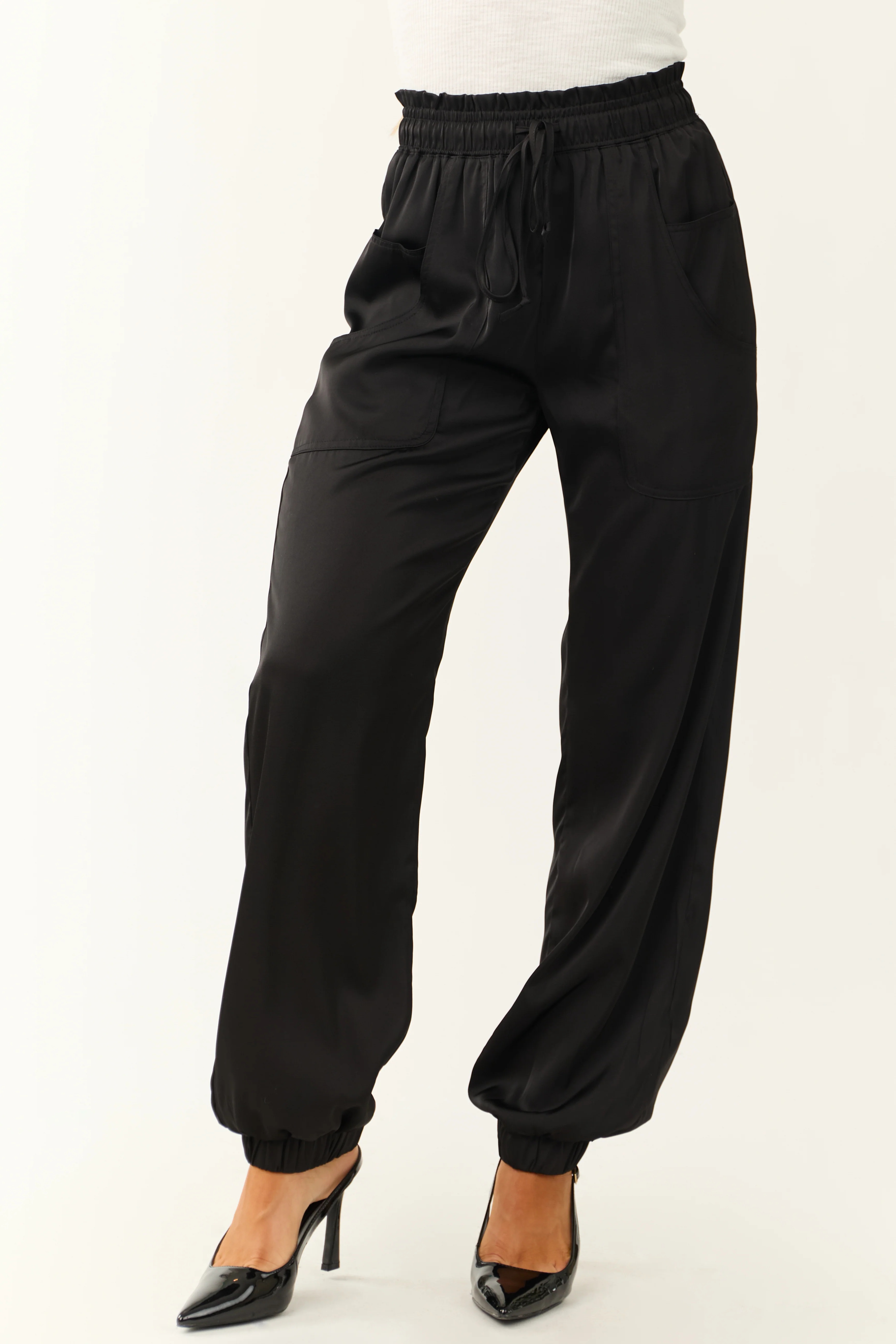 Black Elastic Waist Satin Joggers - LD SALE
