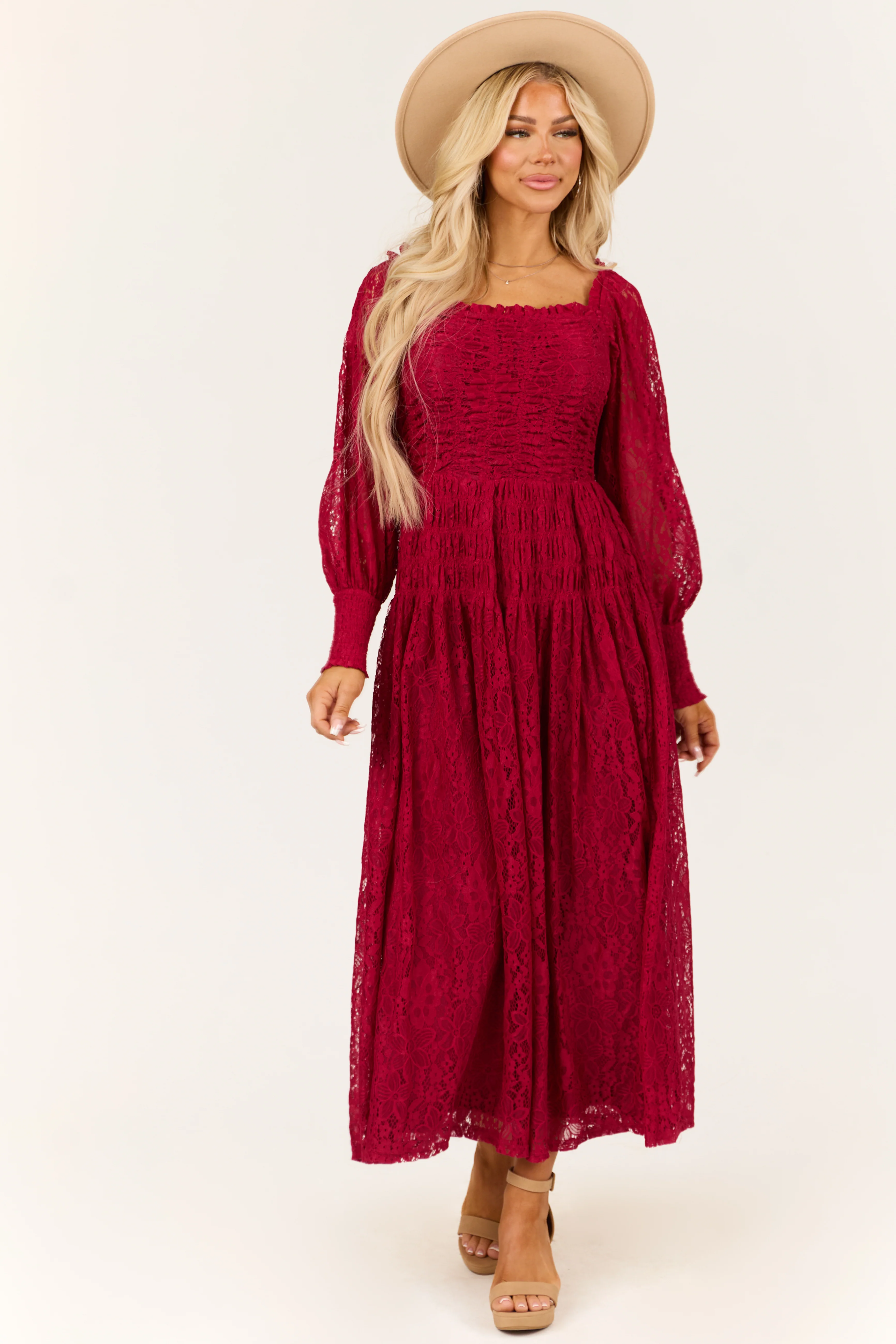 Wine Smocked Bubble Sleeve Lace Maxi Dress - LD SALE