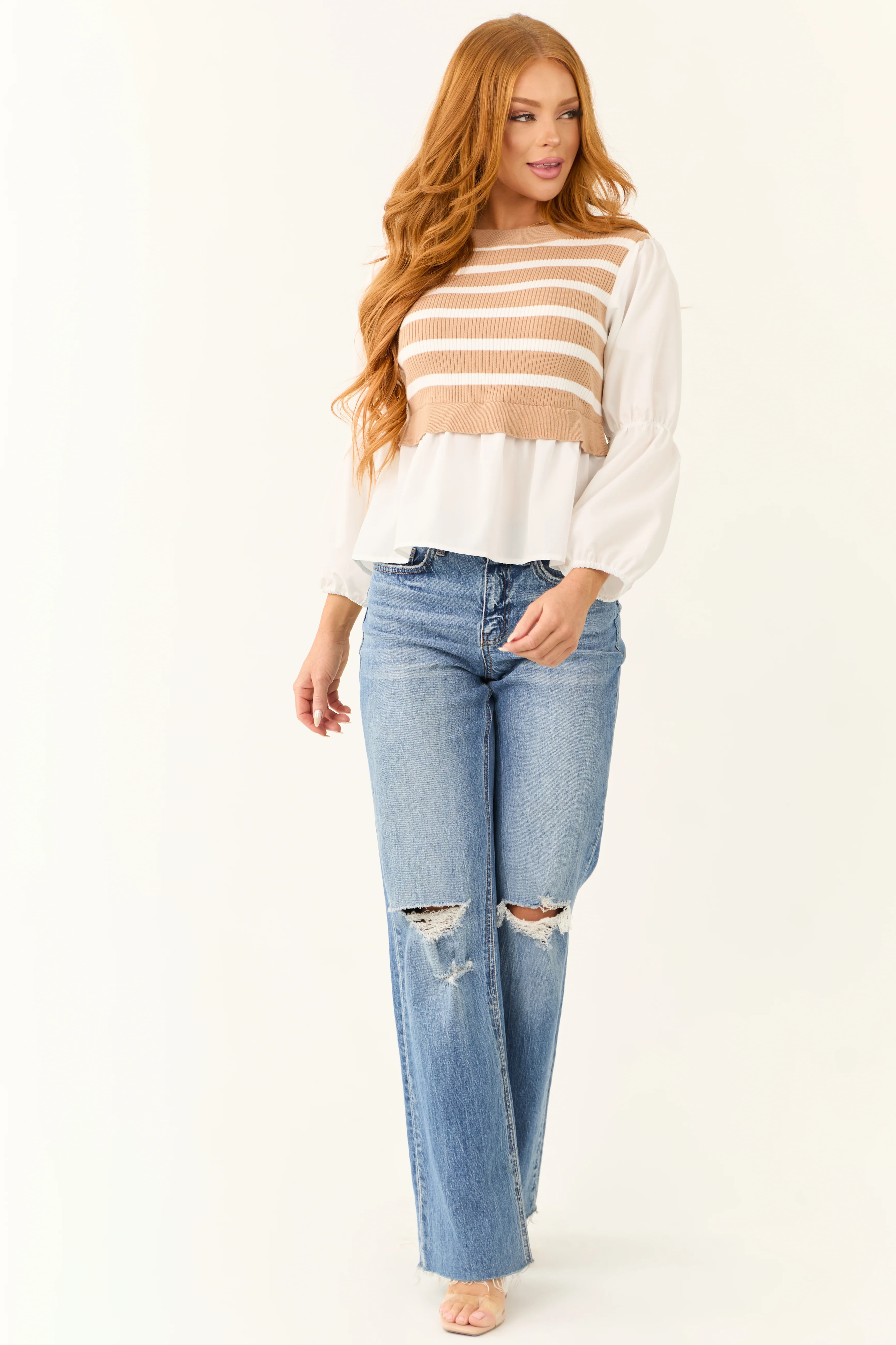 Beige Striped Sweater Vest with Long Sleeve Top - LD SALE