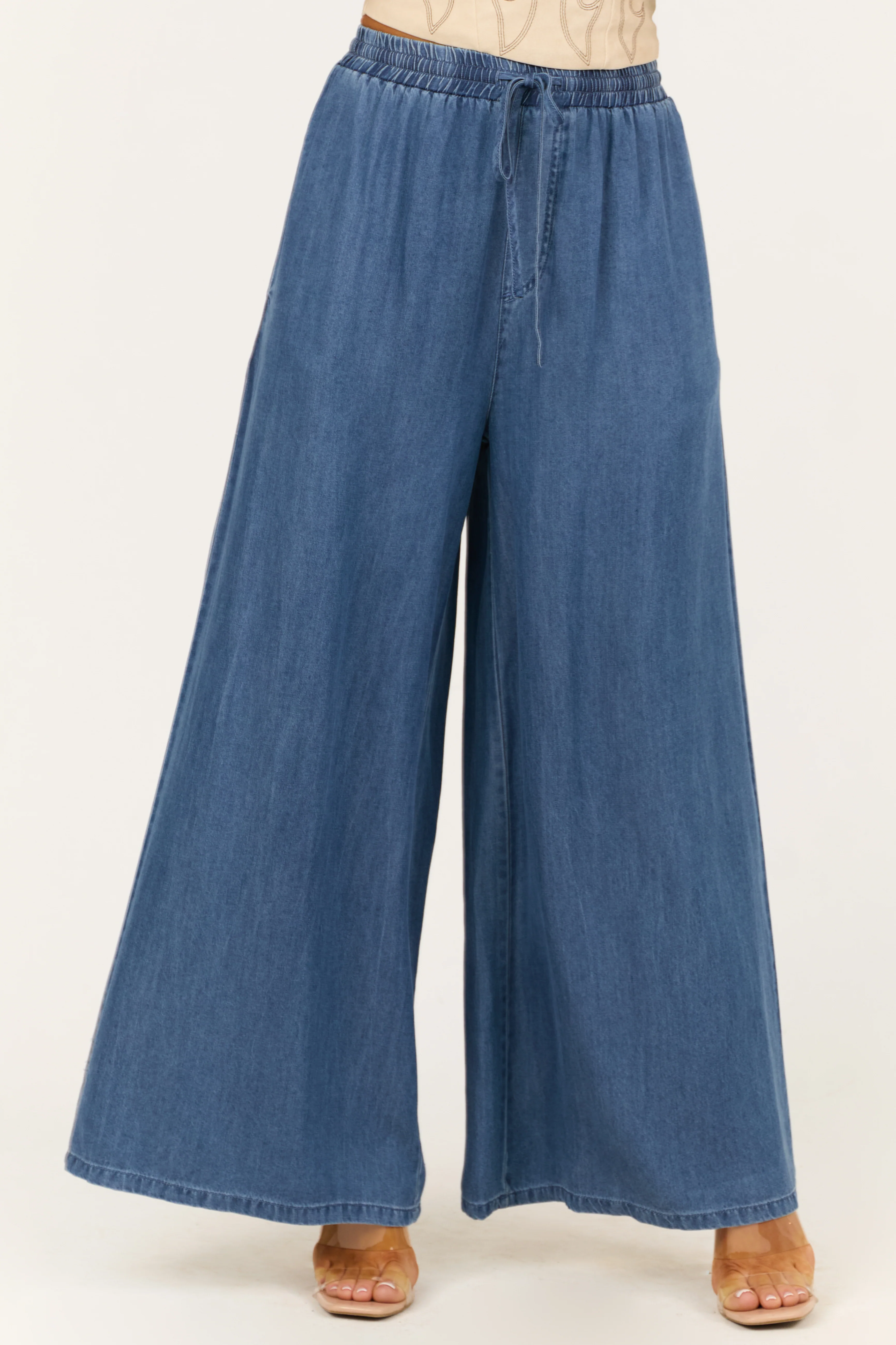 Dark Wash Tencel Denim High Rise Wide Leg Pants - LD SALE