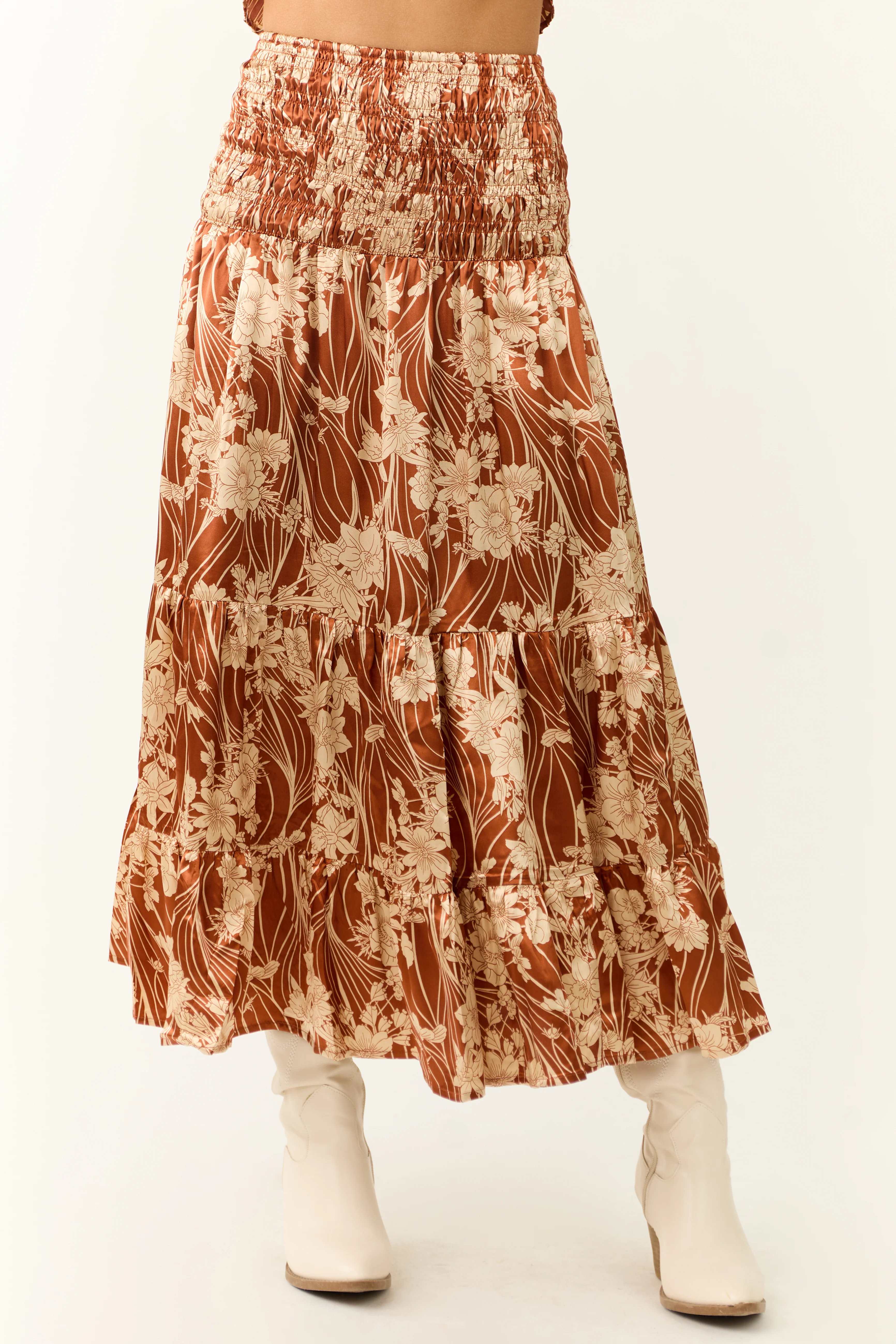 Burnt Orange Floral Print Satin Skirt - LD SALE