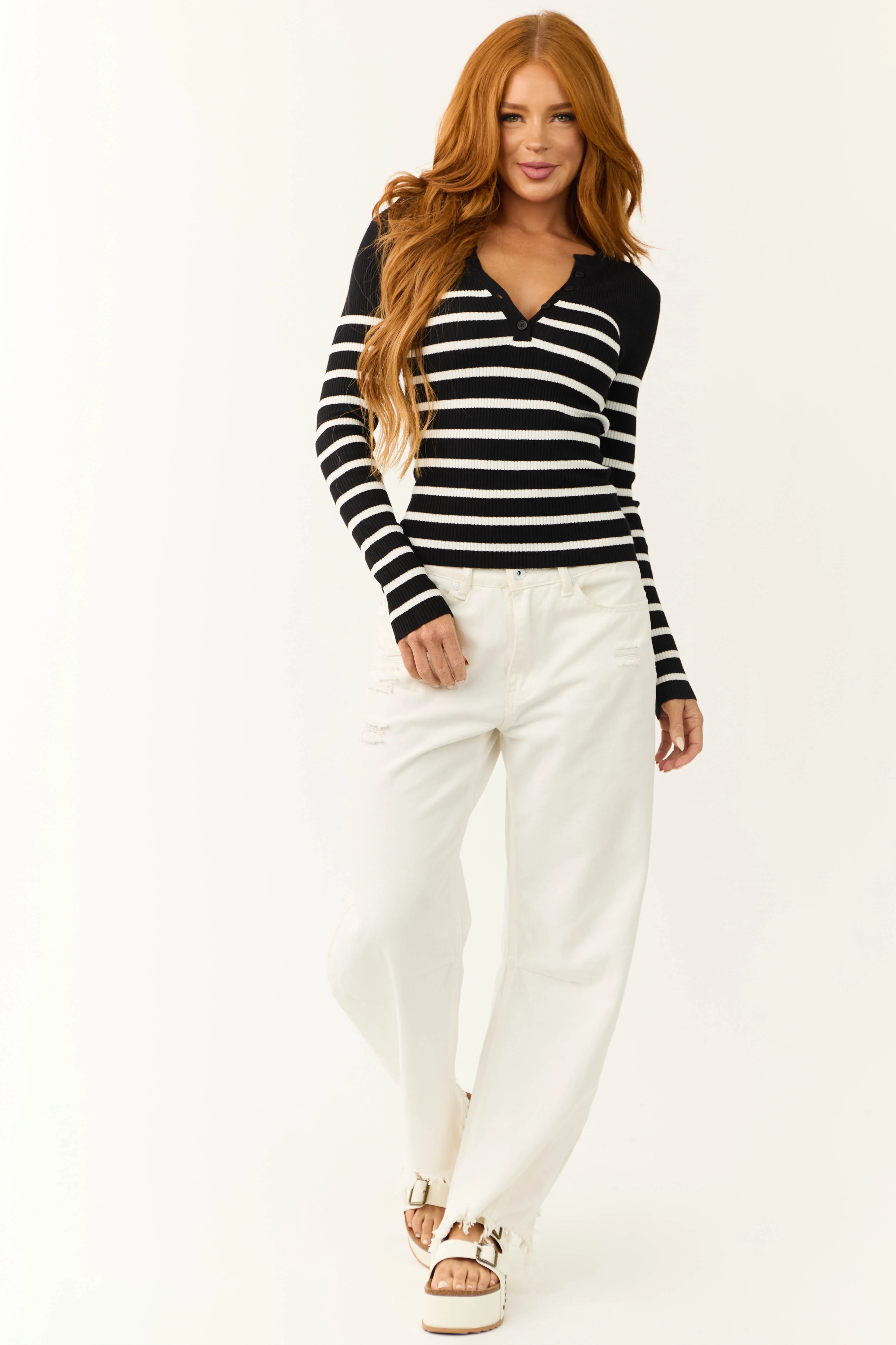 Black Striped Long Sleeve Ribbed Knit Top - LD SALE