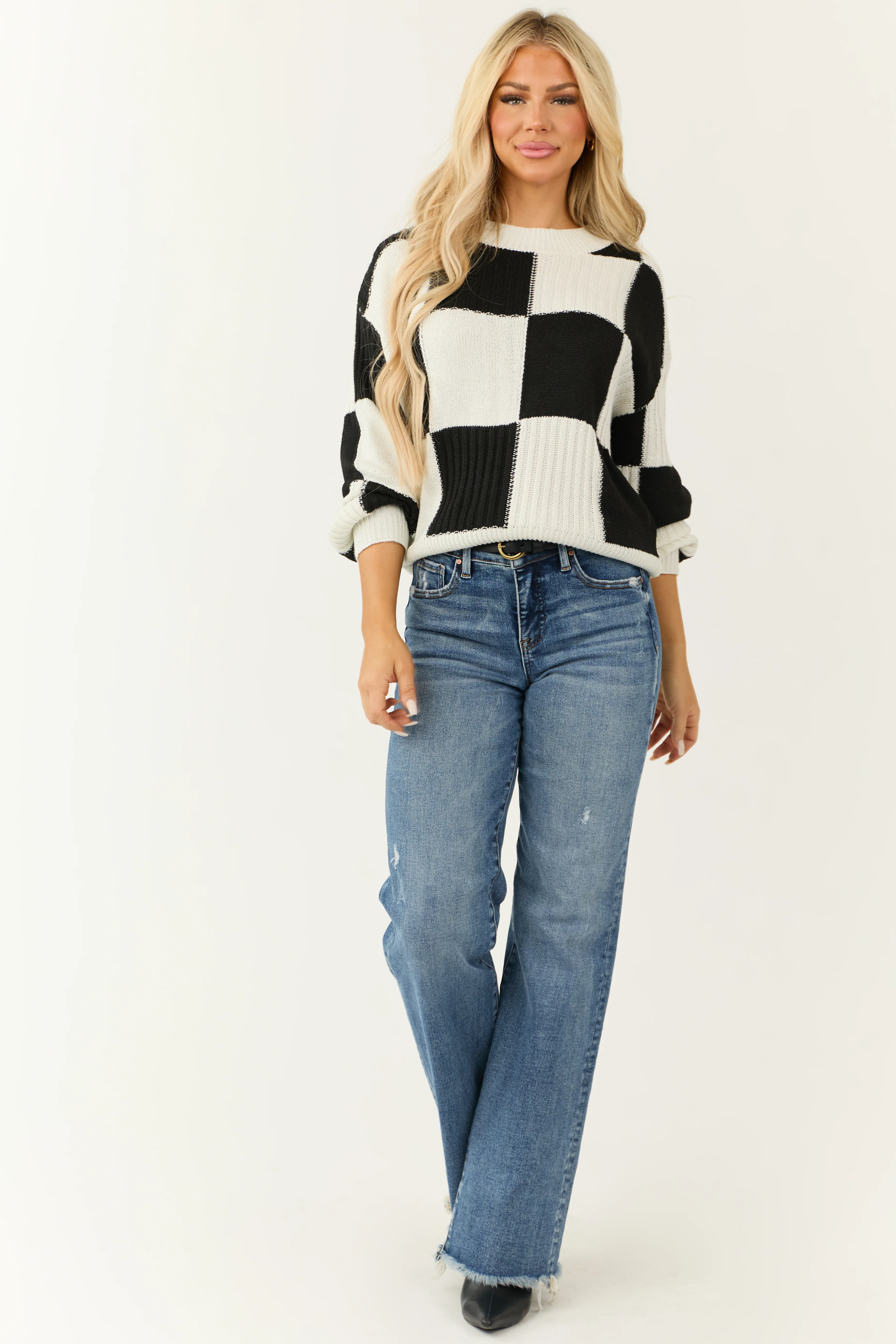 Black and White Checkered High Neck Sweater - LD SALE