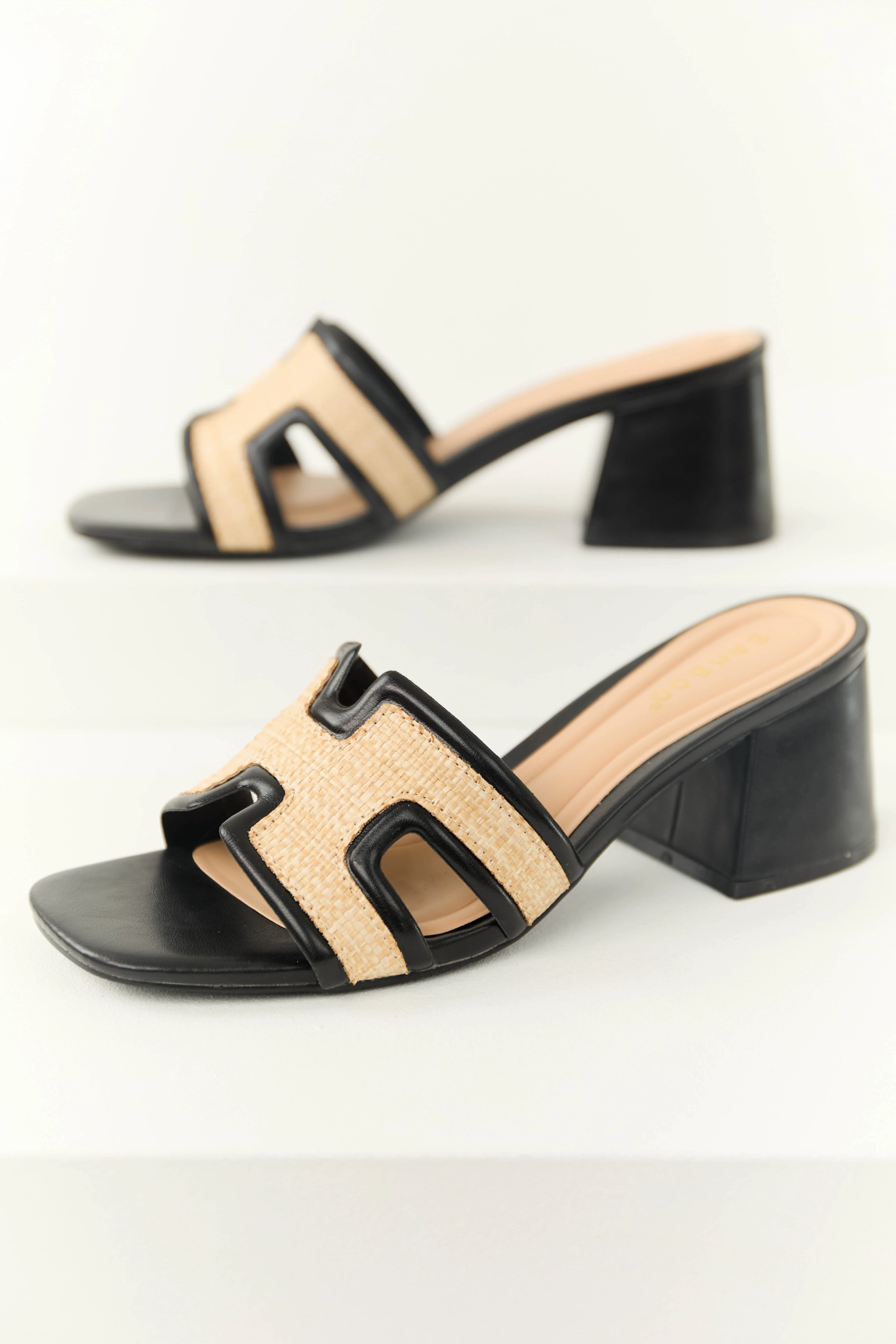 Black Slip On Raffia Cut Out Strap Block Heels - LD SALE