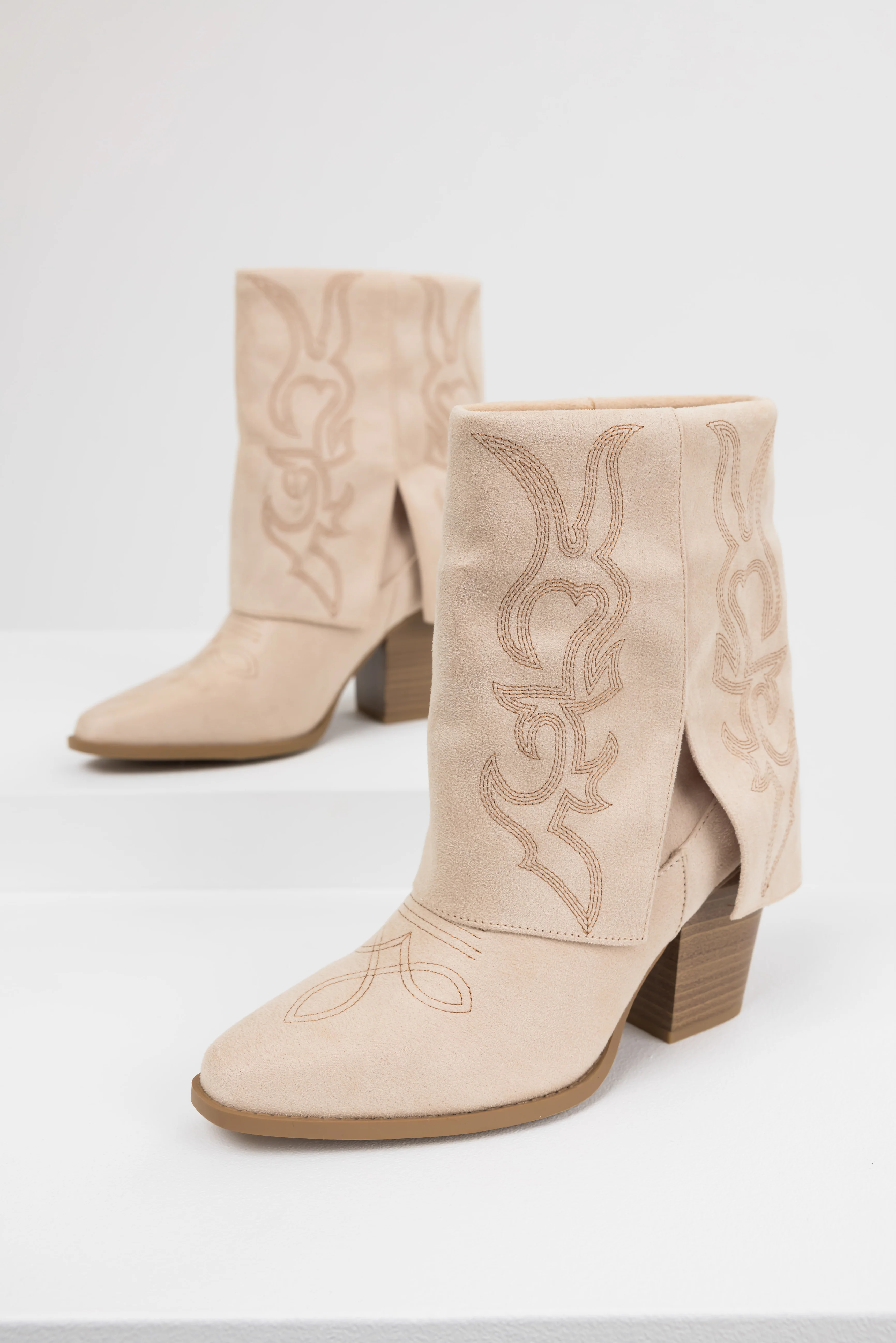 Sand Faux Suede Fold Over Western Boots - LD SALE