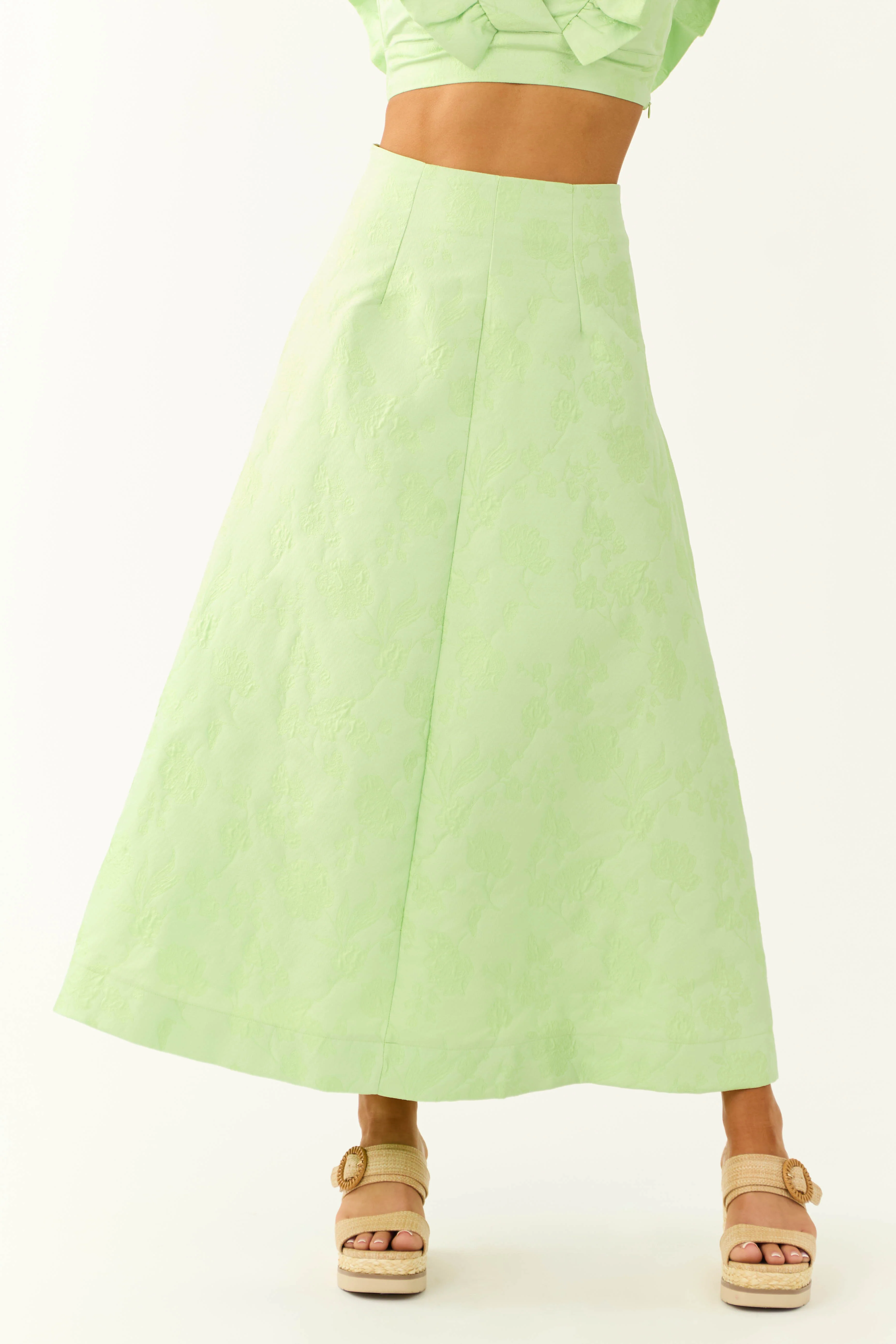 Light Lime Floral Jacquard A Line Midi Skirt - LD SALE