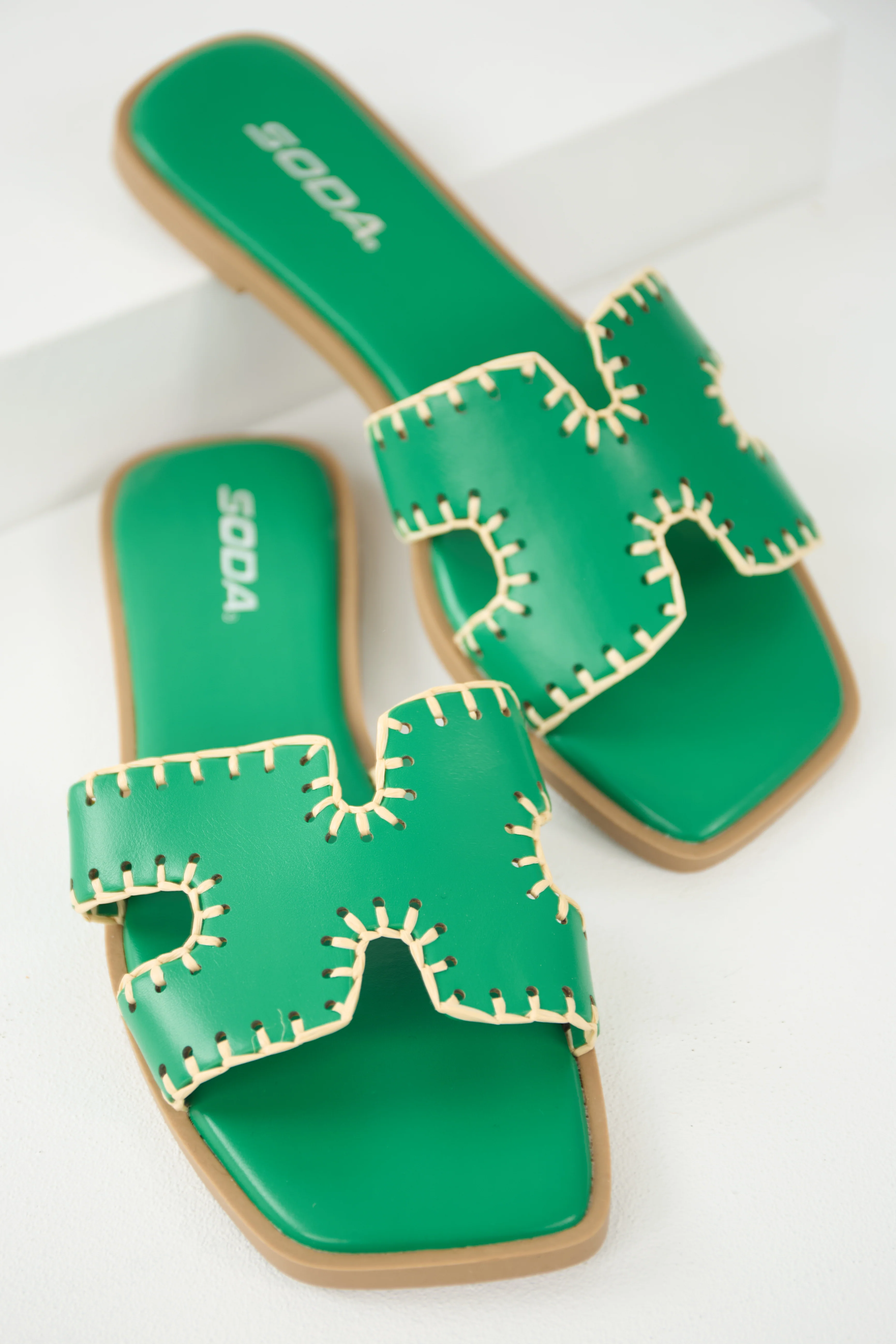 Jade Straw Trim Cut Out Strap Slide Sandals - LD SALE