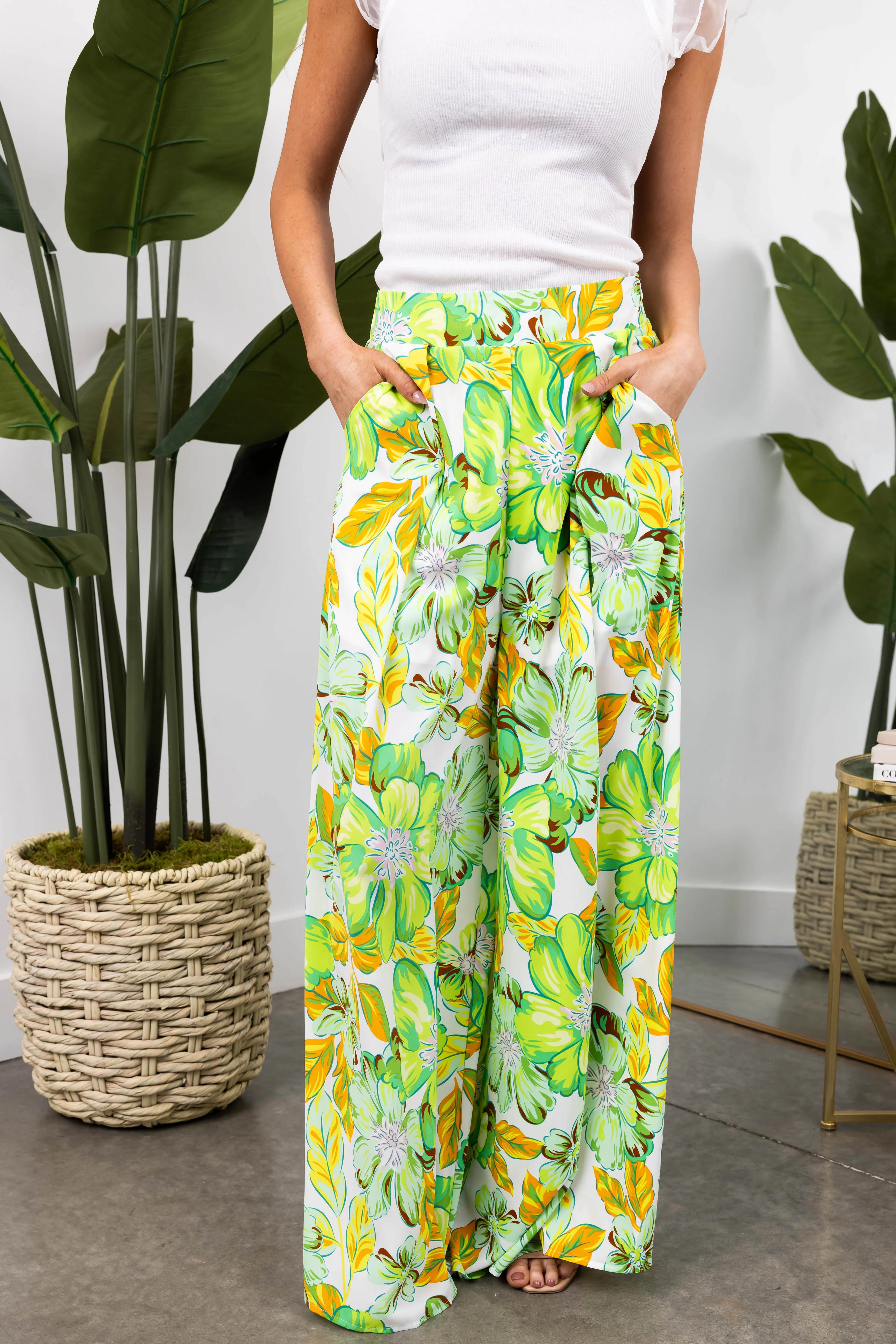 She+Sky Lime Floral Print Wide Leg Flowy Pants - LD SALE