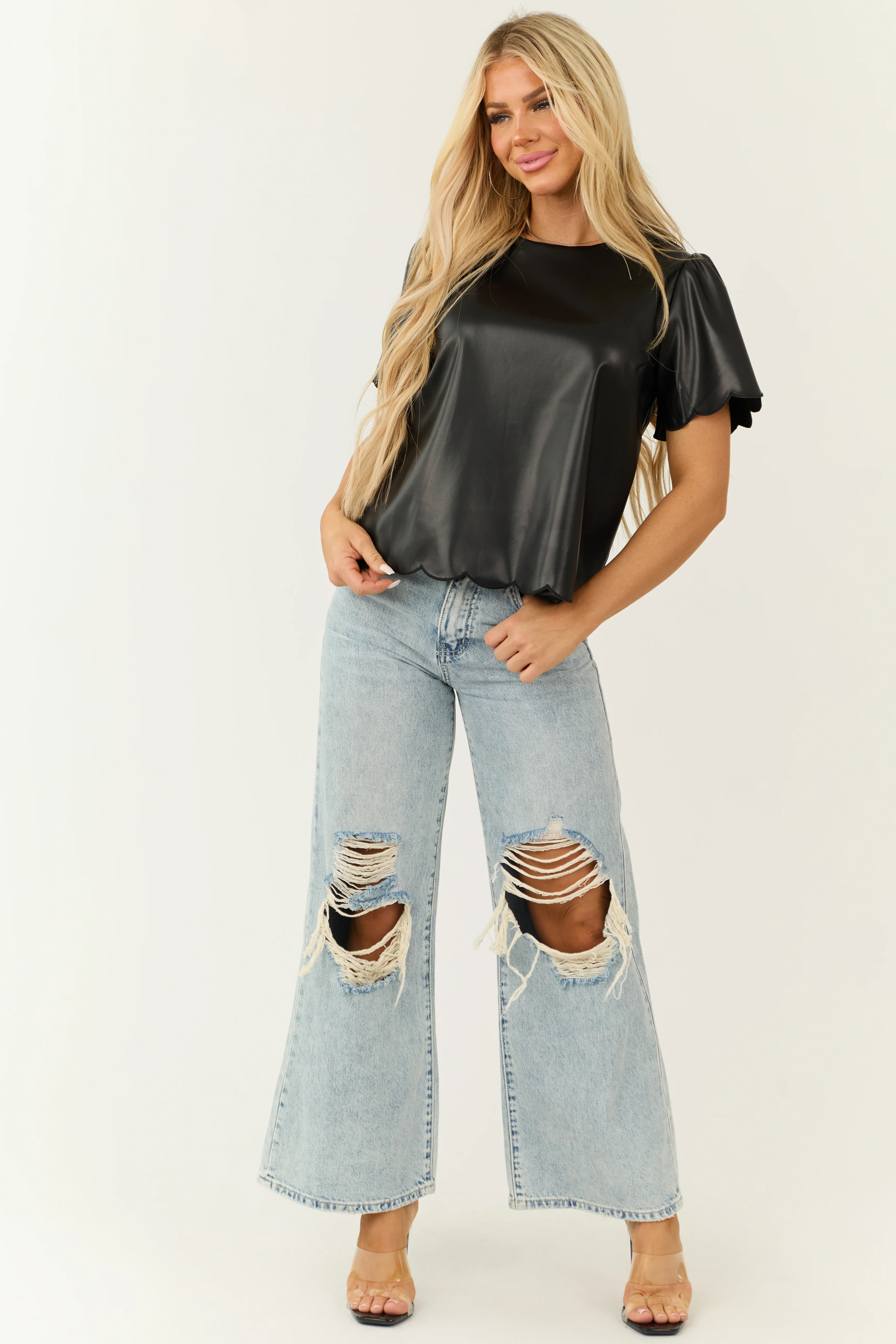 Black Faux Leather Scalloped Short Sleeve Top - LD SALE