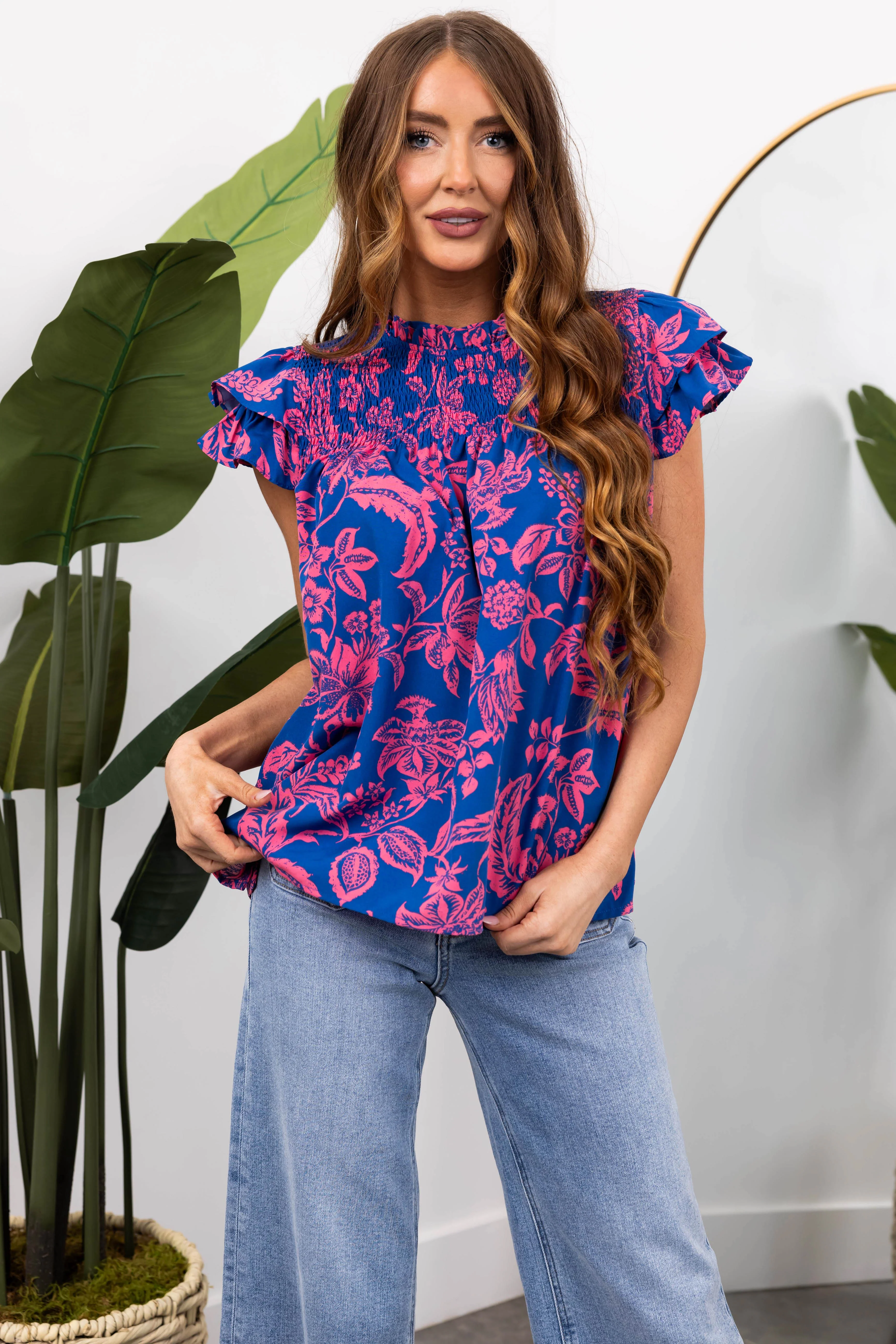 She+Sky Cobalt Flutter Sleeve Smocked Top - LD SALE