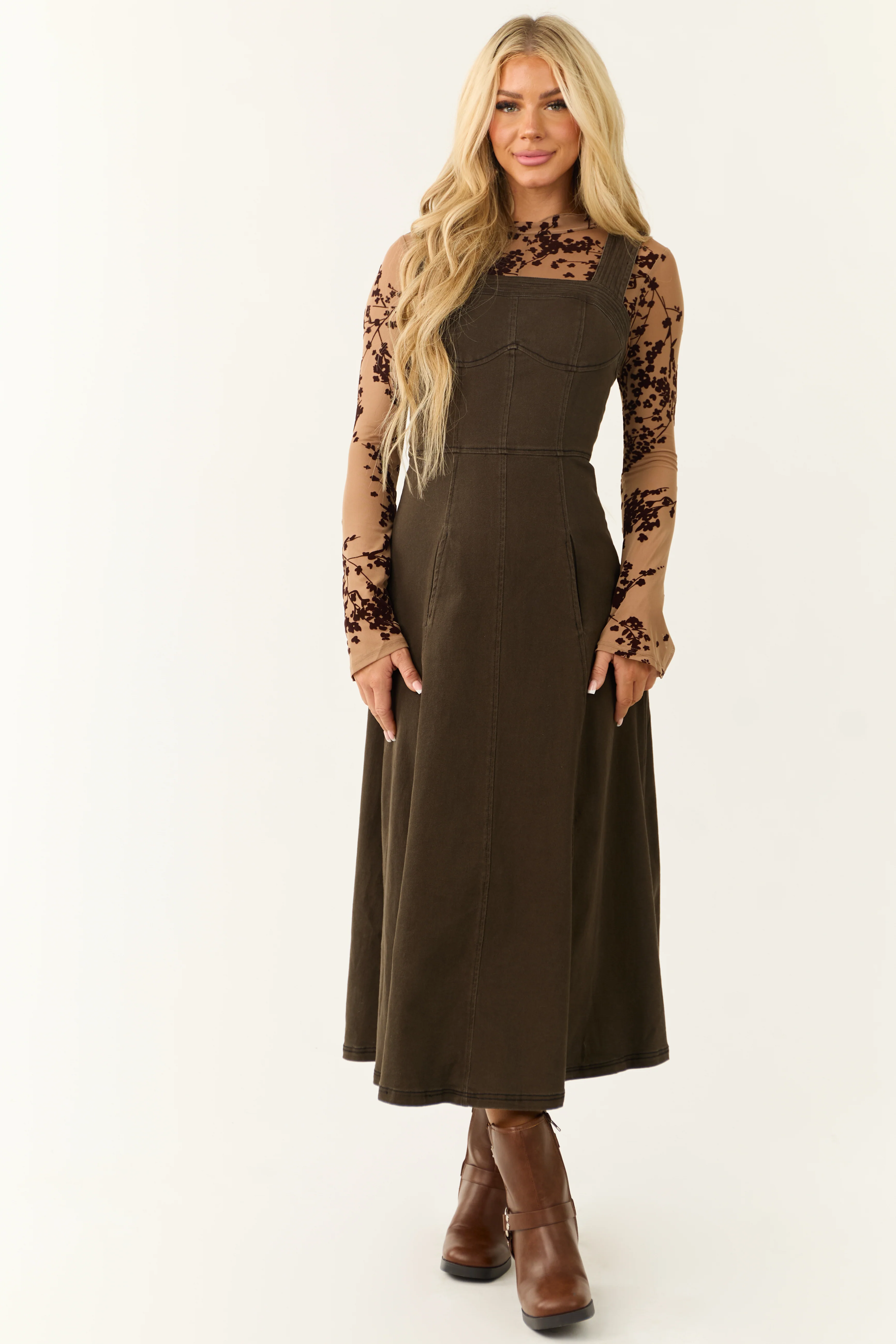 Dark Army Green Denim Thick Strap Midi Dress - LD SALE