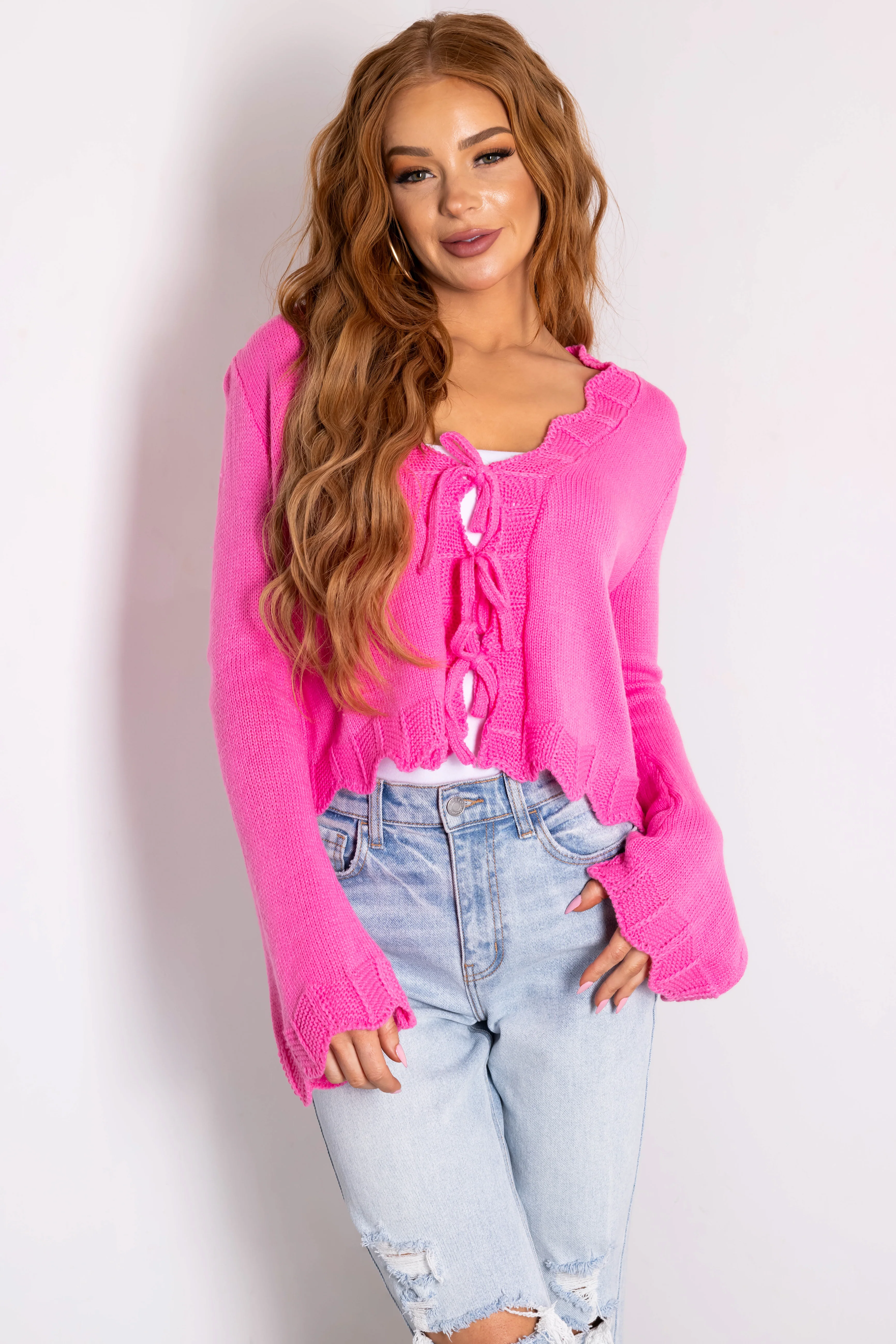 She+Sky Hot Pink Front Ties Scalloped Cardigan - LD SALE