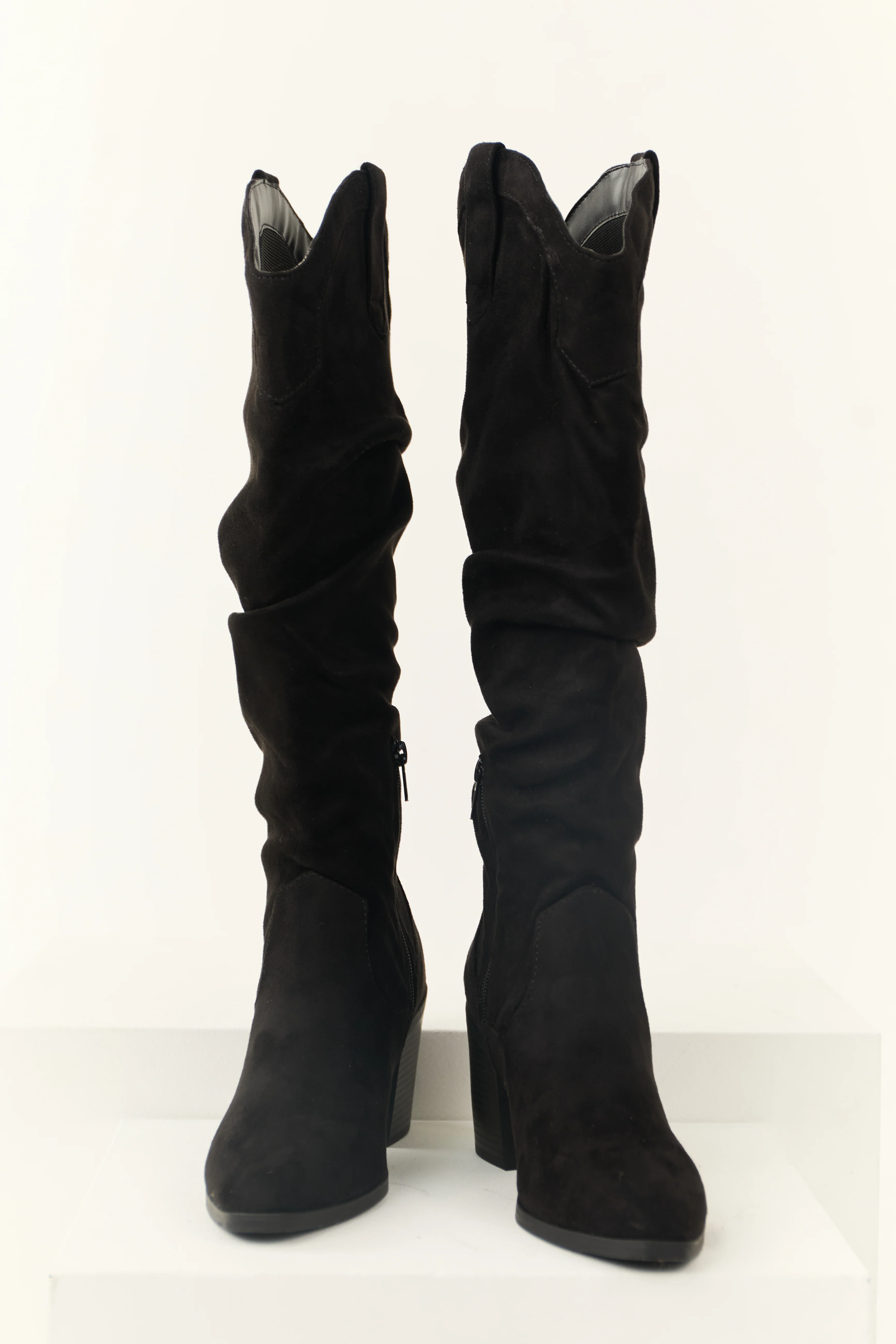 Black Faux Suede Slouchy Knee High Heeled Boots - LD SALE