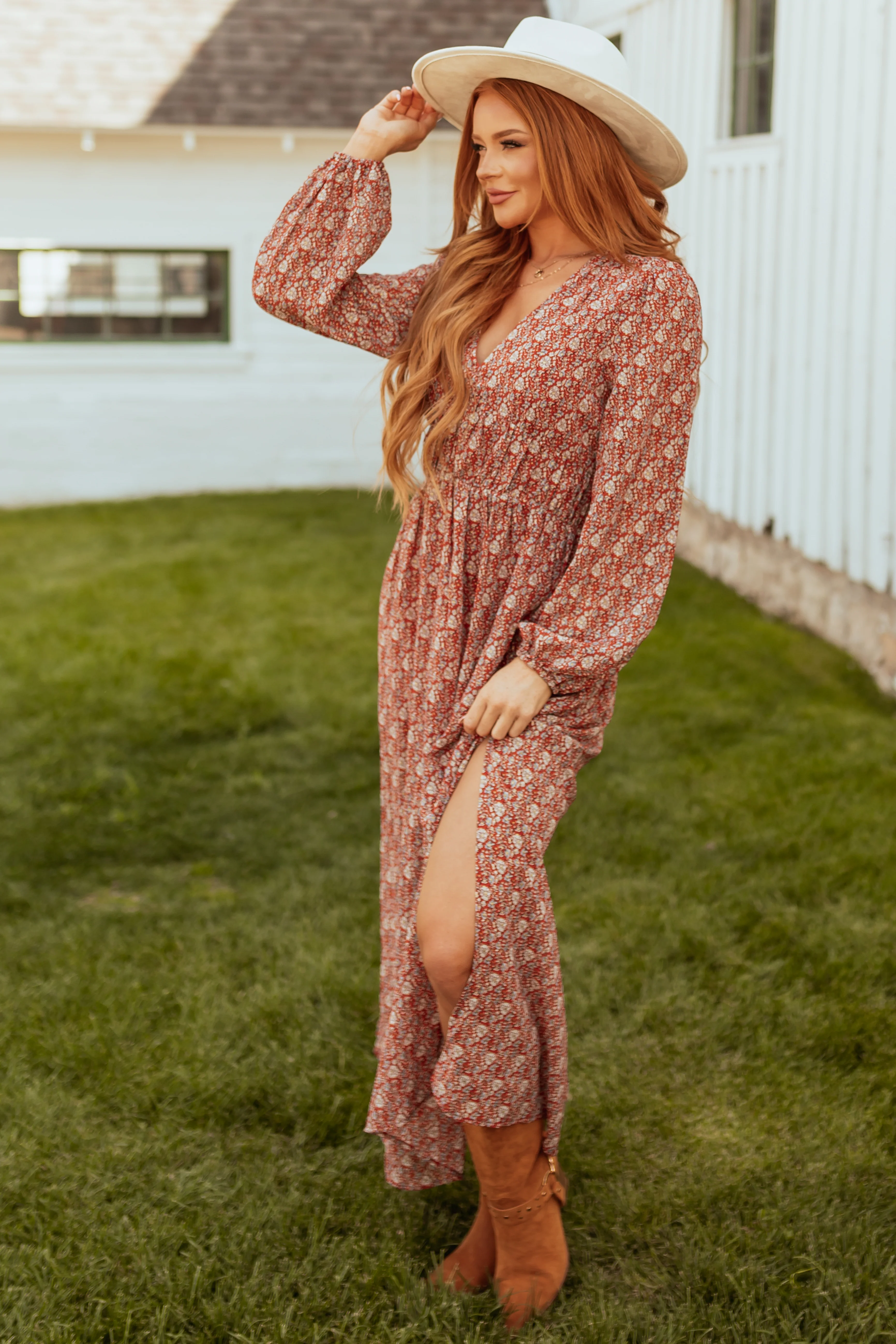 Burgundy Ditsy Floral Print Maxi Dress - LD SALE