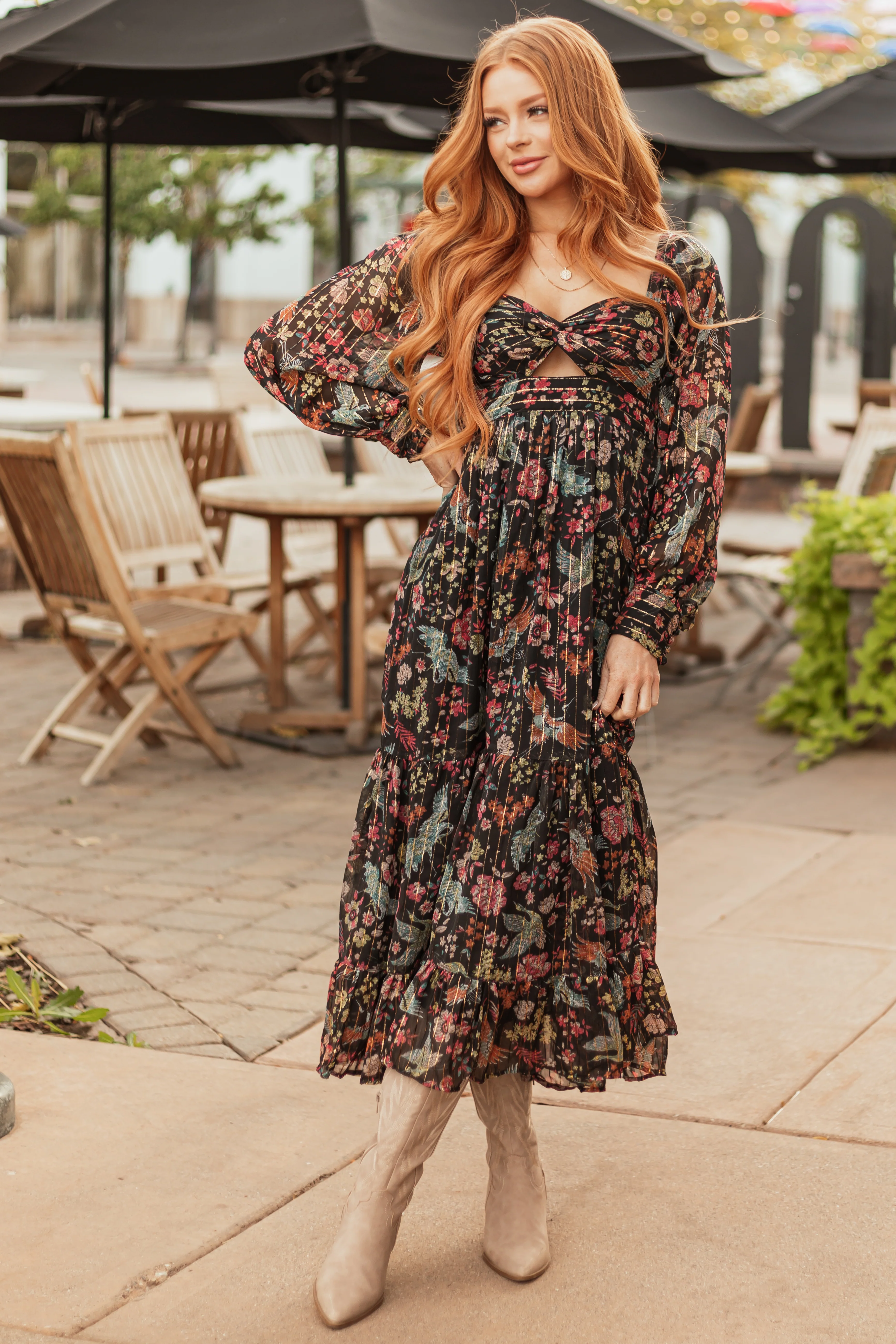 Black Floral Print Front Twist Maxi Dress - LD SALE