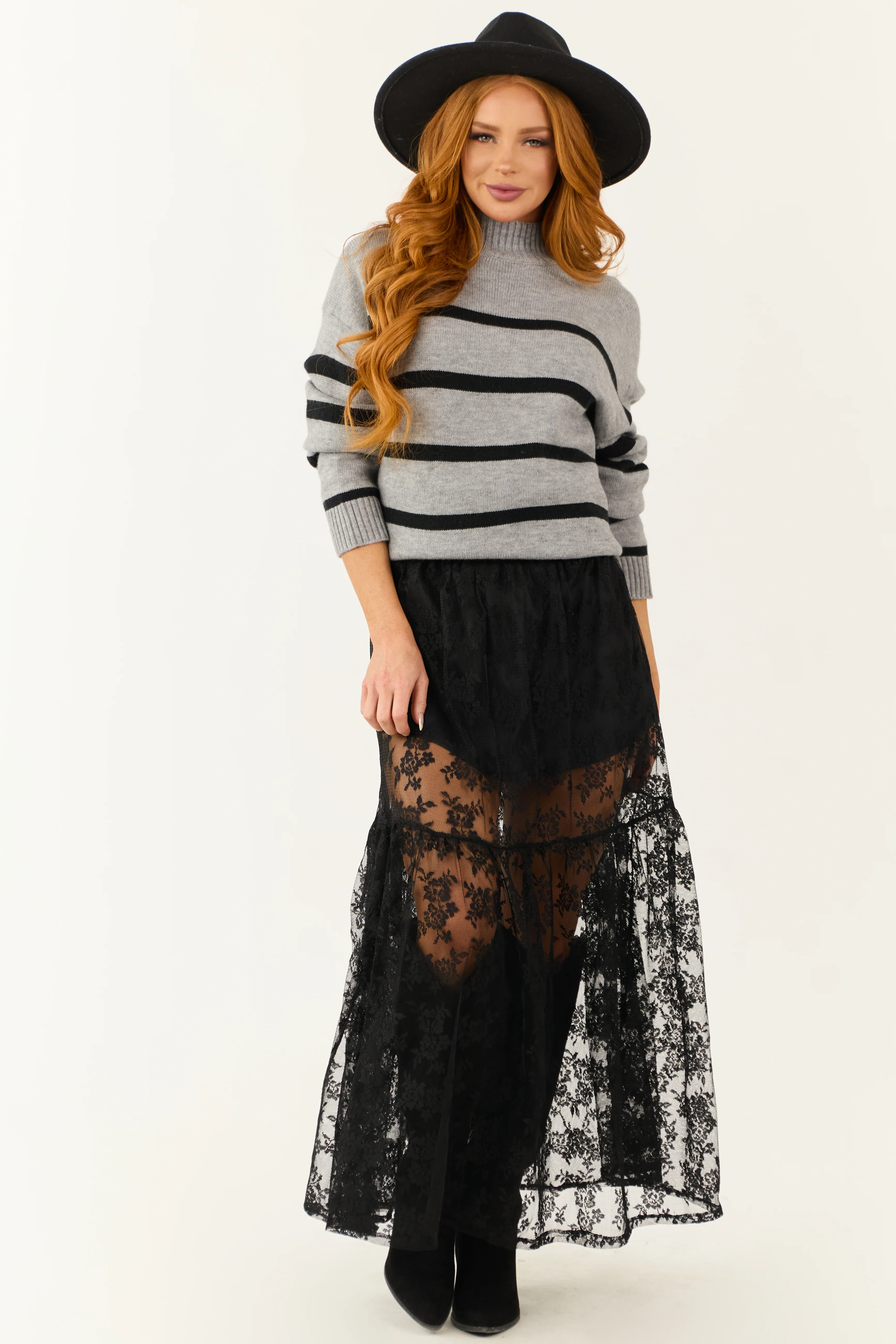 Black High Waist Sheer Lace Maxi Skirt - LD SALE