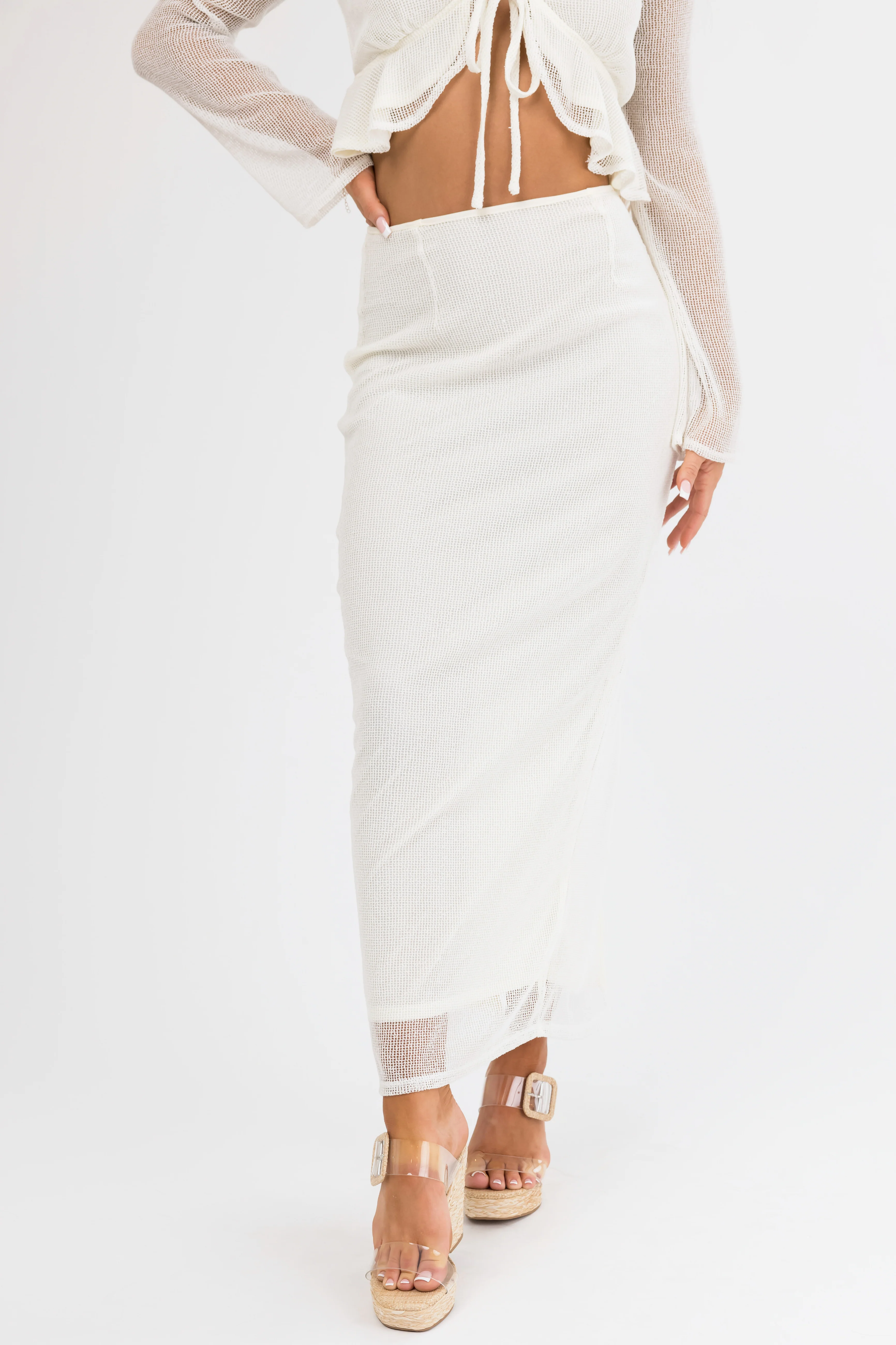 Cream Mesh Maxi Skirt with Back Slit - LD SALE