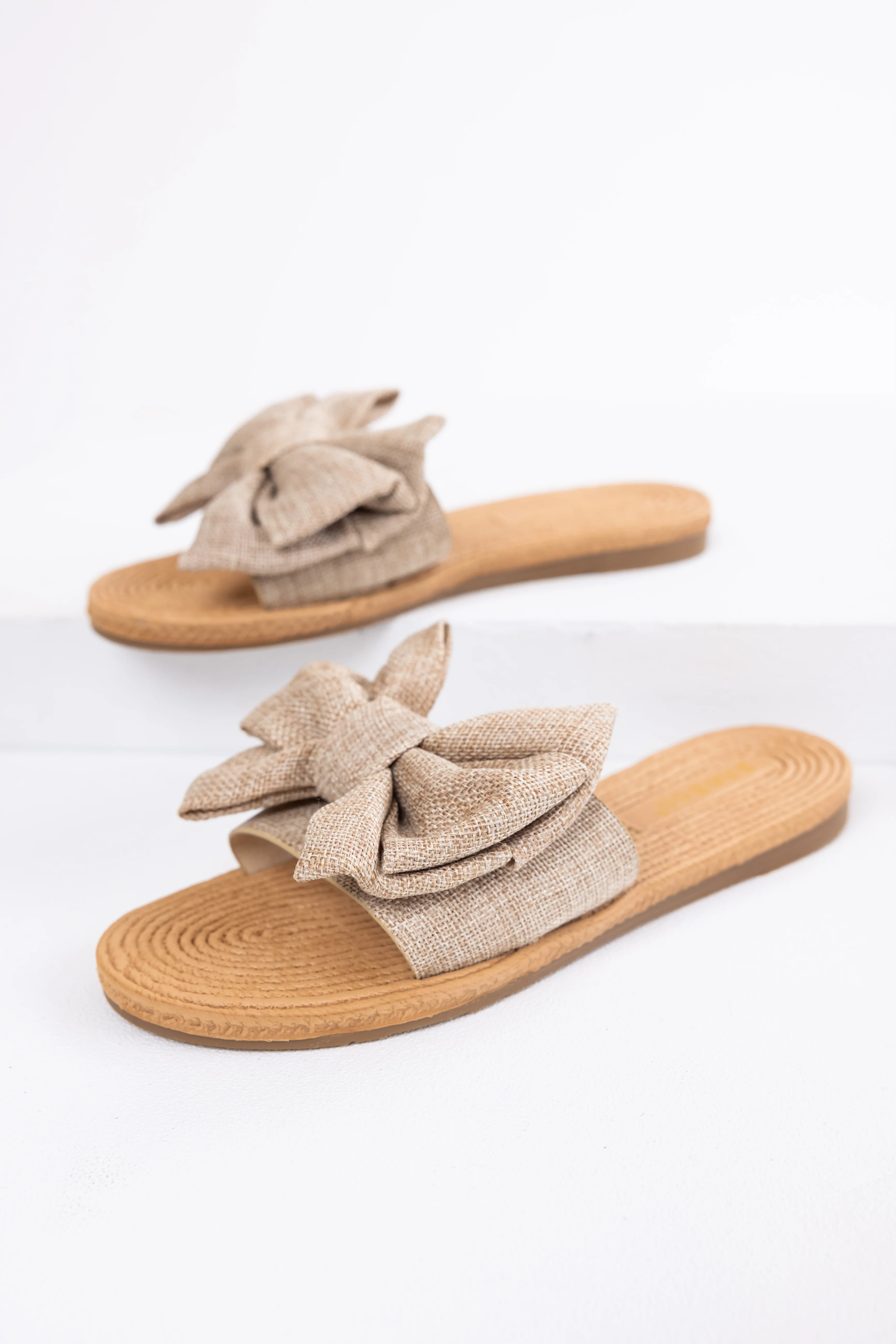 Sand Woven Bow Slide On Sandals - LD SALE