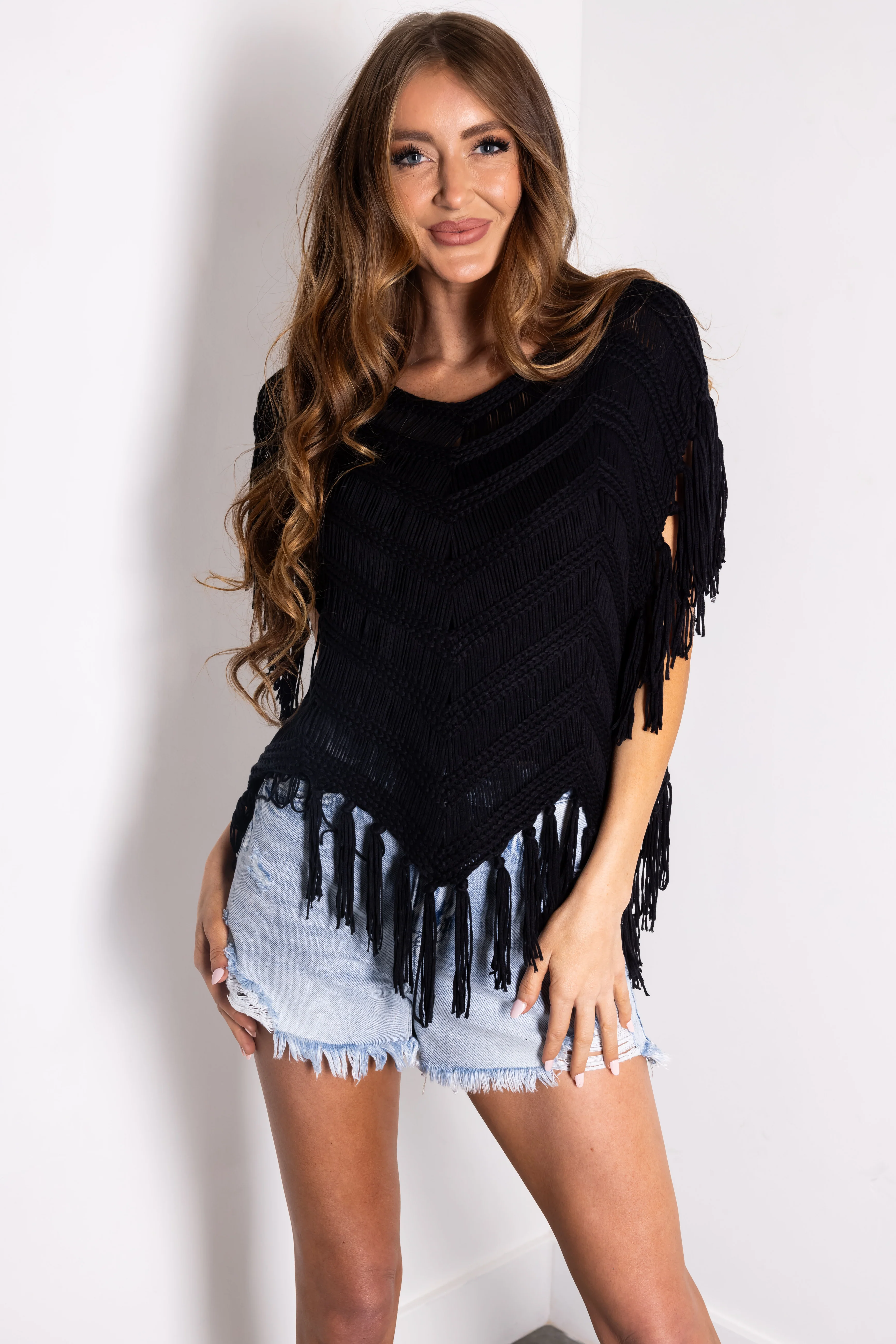 Black Chenille Crochet Fringe Oversized Top - LD SALE